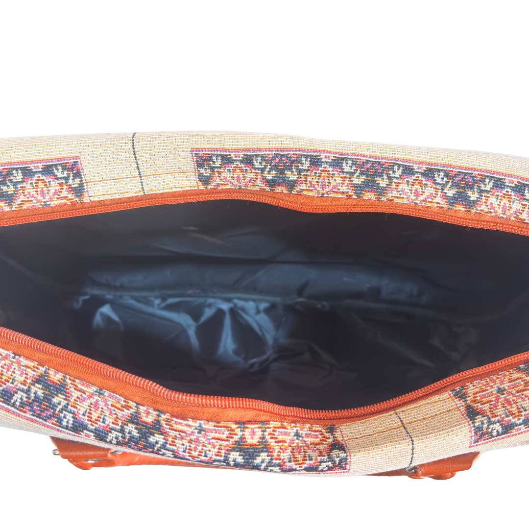 Creamy Beige Elephant Print Washable Canvas Duffle — 20 x 13 x 9 inches, handcrafted in Jaipur