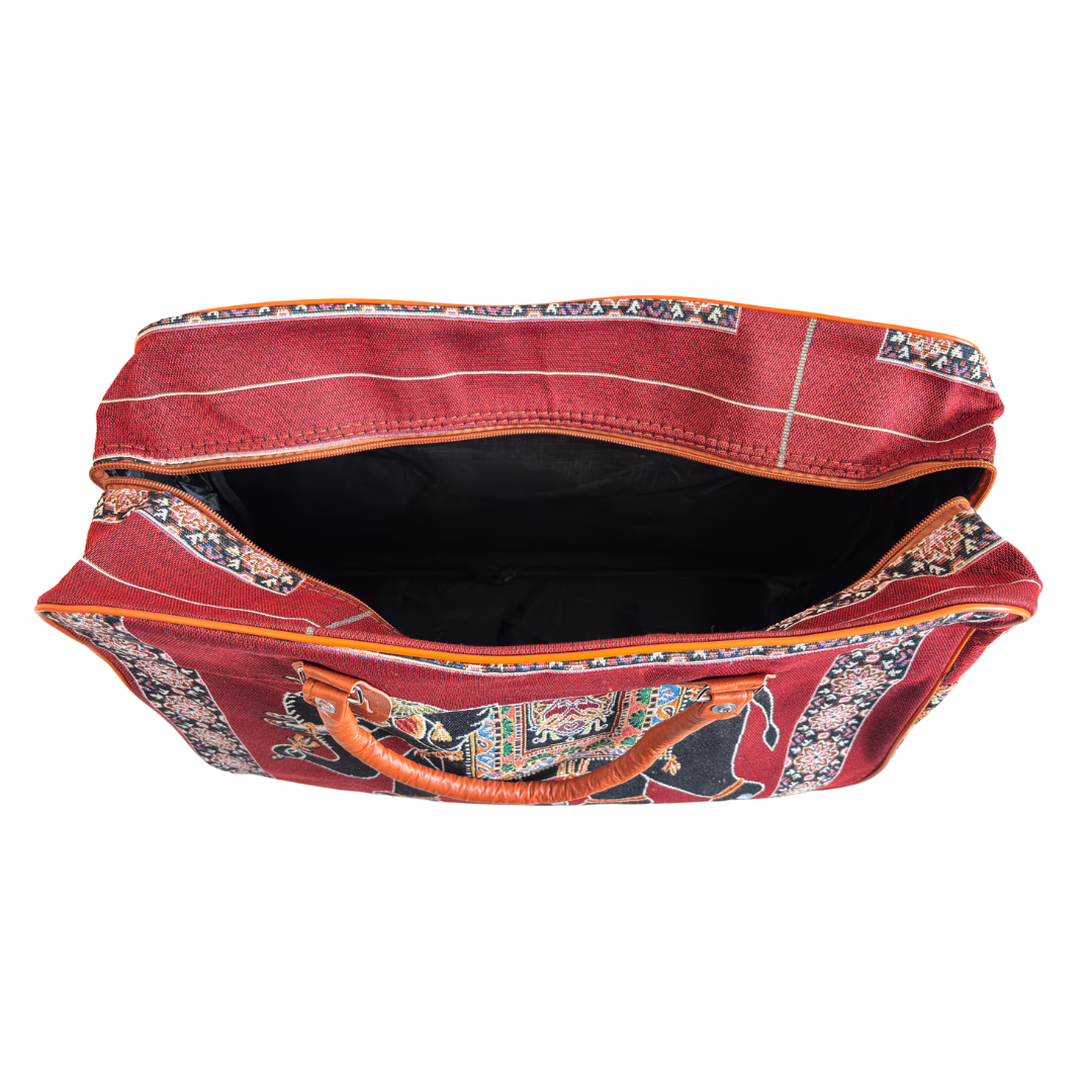 Red Elephant Print washable canvas duffle showcased from multiple angles by RajPadmini