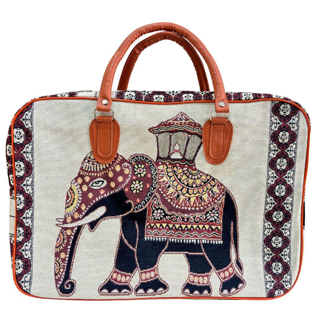 Beige Elephant Print Washable Duffle Bag - The House of RajPadmini