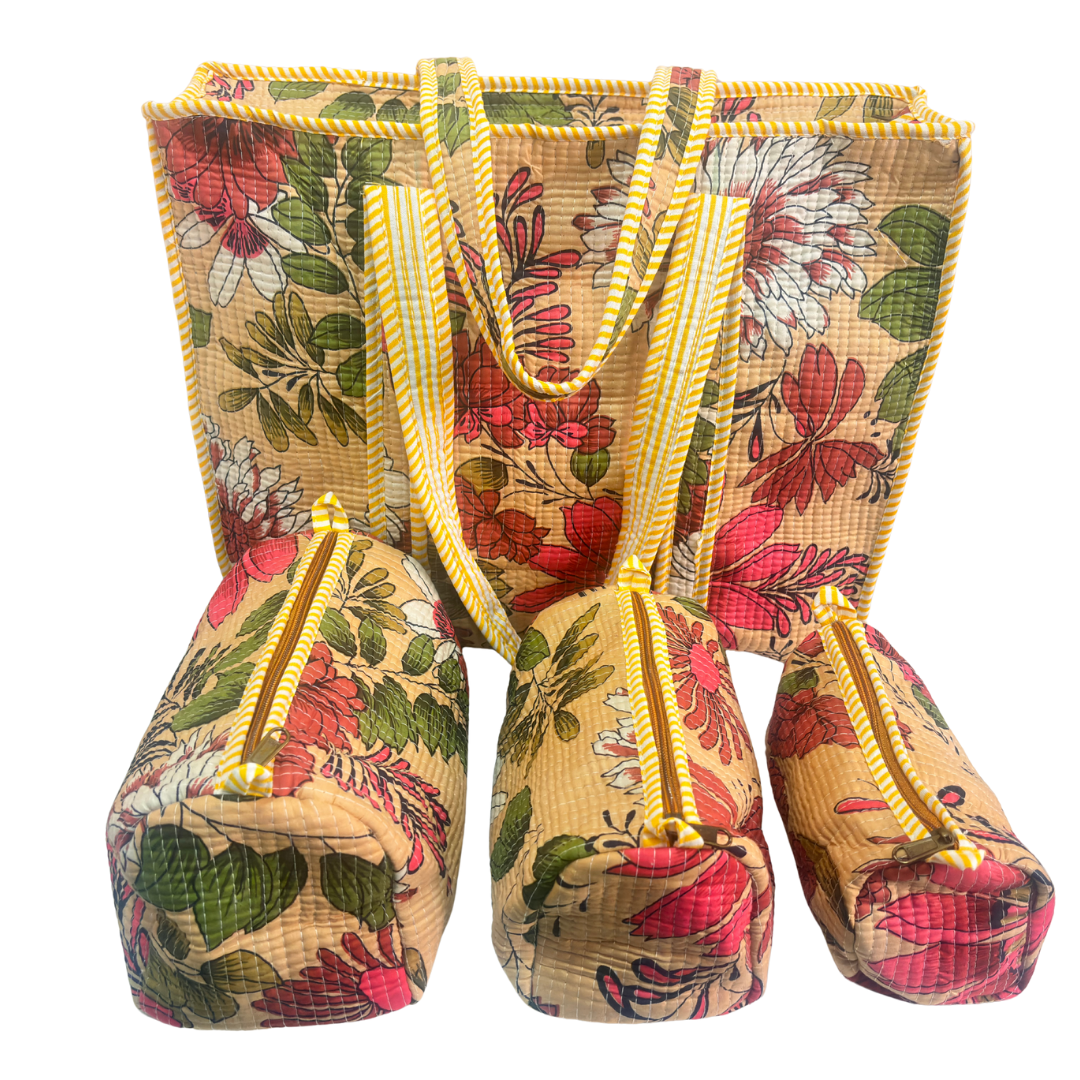 4-in-1 Festive Gifting COMBO : Premium Quilted Tote Bag + 3 Waterproof Pouches = Your Complete Organization Solution!