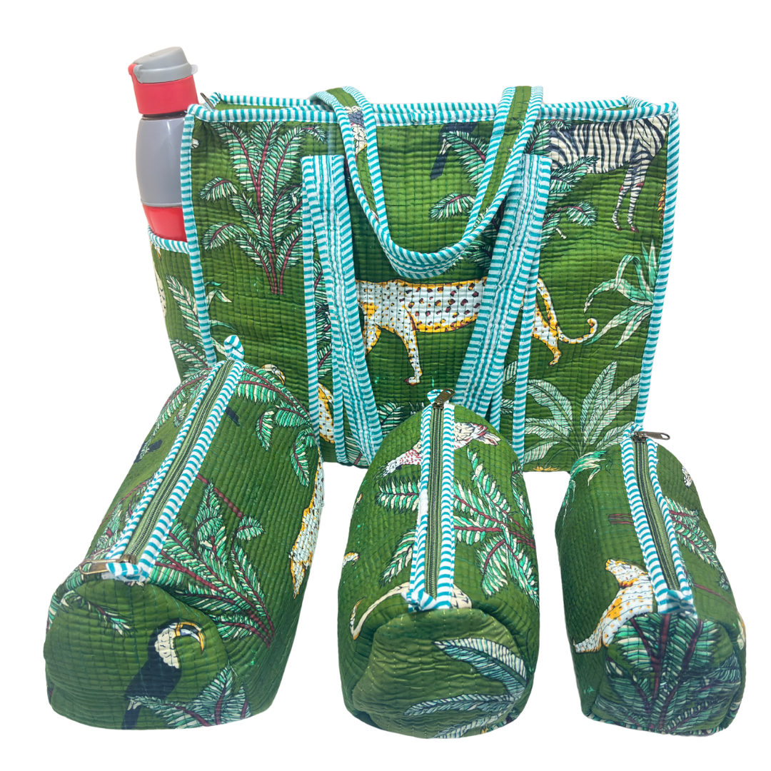 RajPadmini 4-in-1 Festive Gifting COMBO : Premium Quilted Tote Bag + 3 Waterproof Pouches = Your Complete Organization Solution!