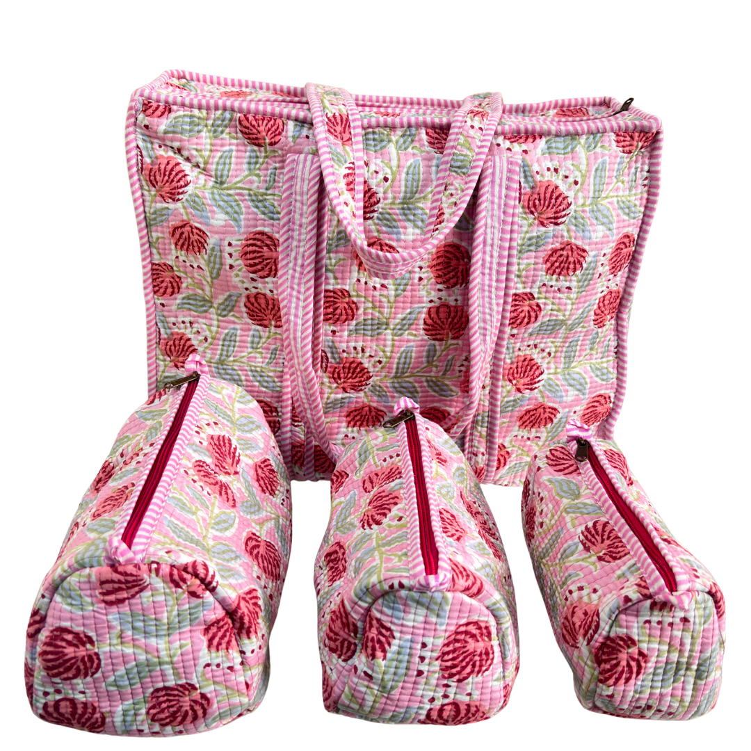 4-in-1 Festive Gifting COMBO : Premium Quilted Tote Bag + 3 Waterproof Pouches = Your Complete Organization Solution!