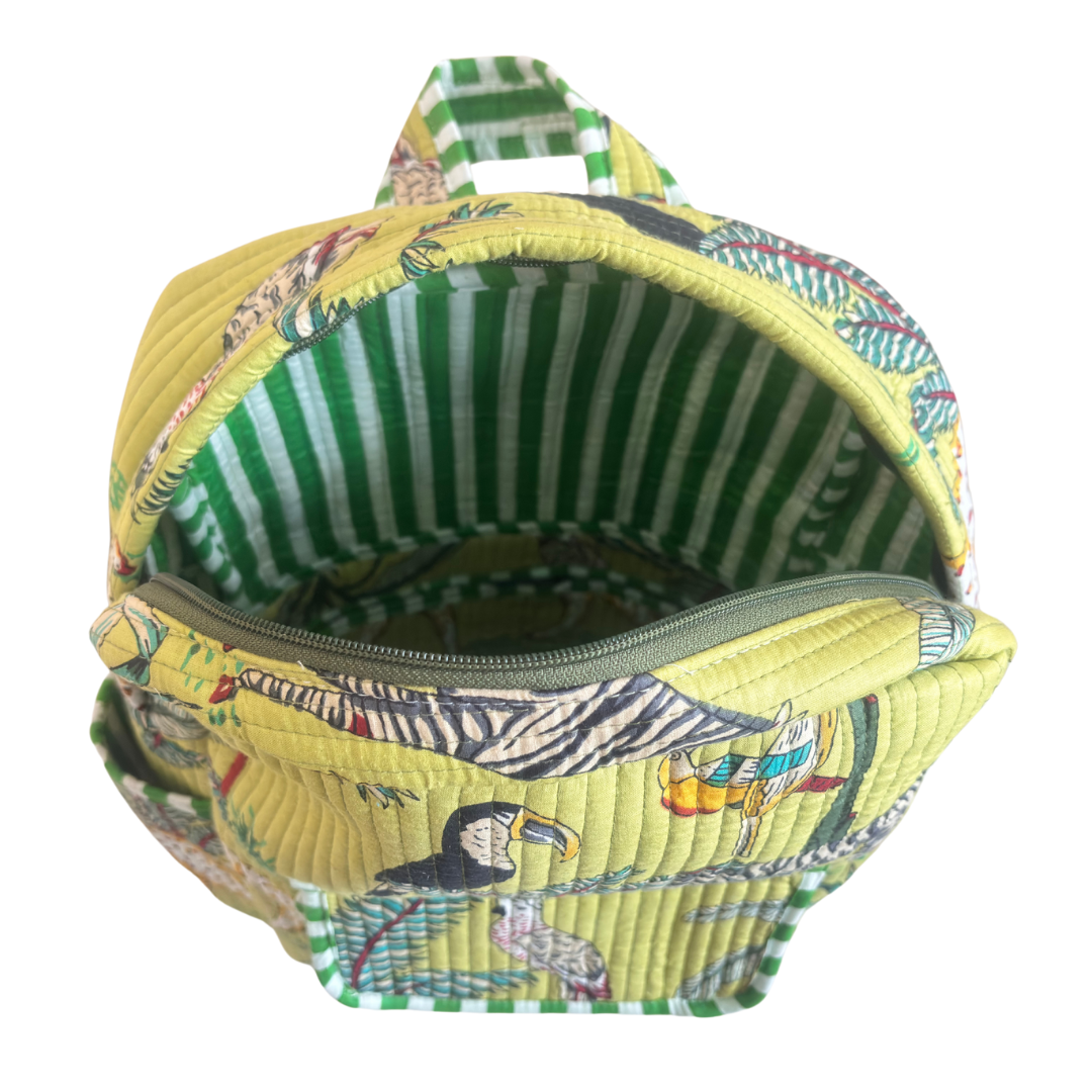 The Jungle Book Edition:- Premium Quilted Green Cotton Backpack with Animal Print Design - Stylish Eco-Friendly Bag for School, Travel, and Everyday Adventures