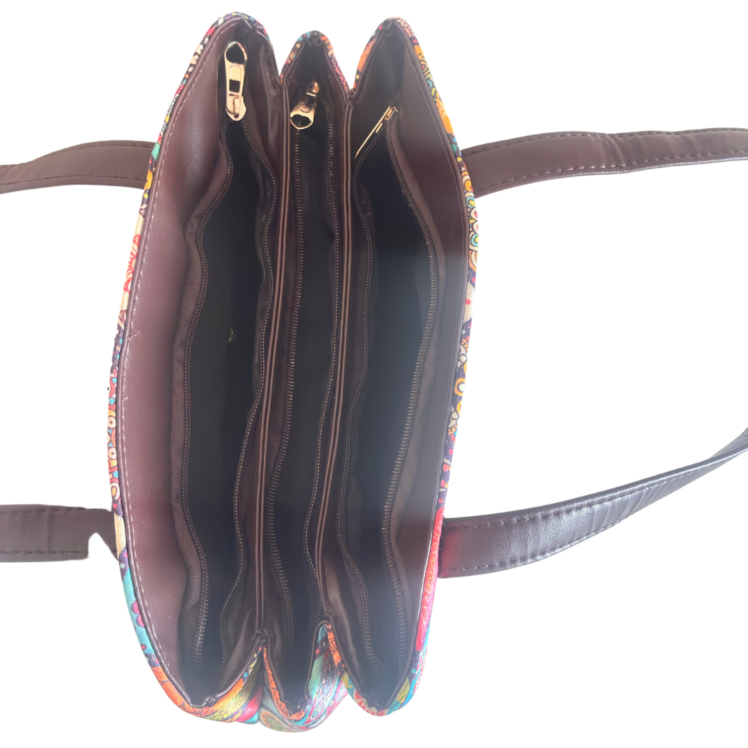 Multicolor Diamond Print Tote Bag with Triple Compartment - The House of RajPadmini