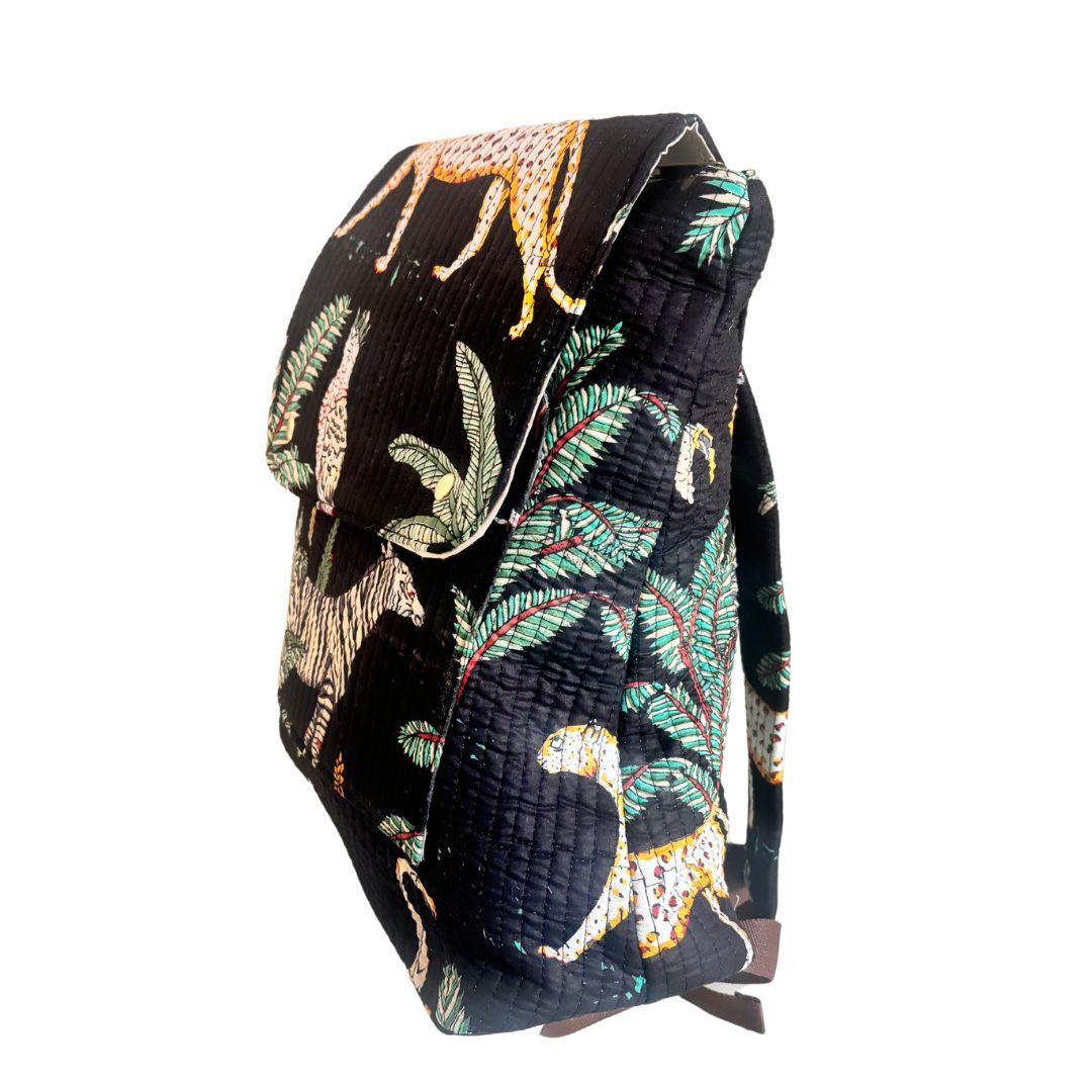The Jungle Book Edition:- Premium Quilted Cotton Black Backpack with Ethnic Animal Print Design - The House of RajPadmini