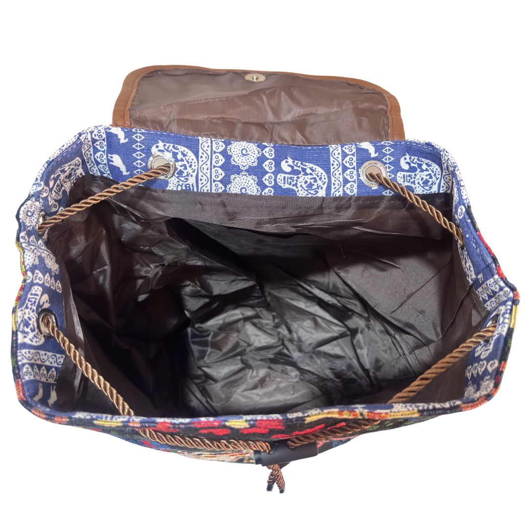 Trekking Paradise Edition: Canvas Black Elephant Print Drawstring Backpack