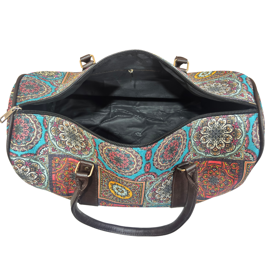 Side angle of Jaipur Mandala Bazaar of Dreams duffle showing print detail and stitching