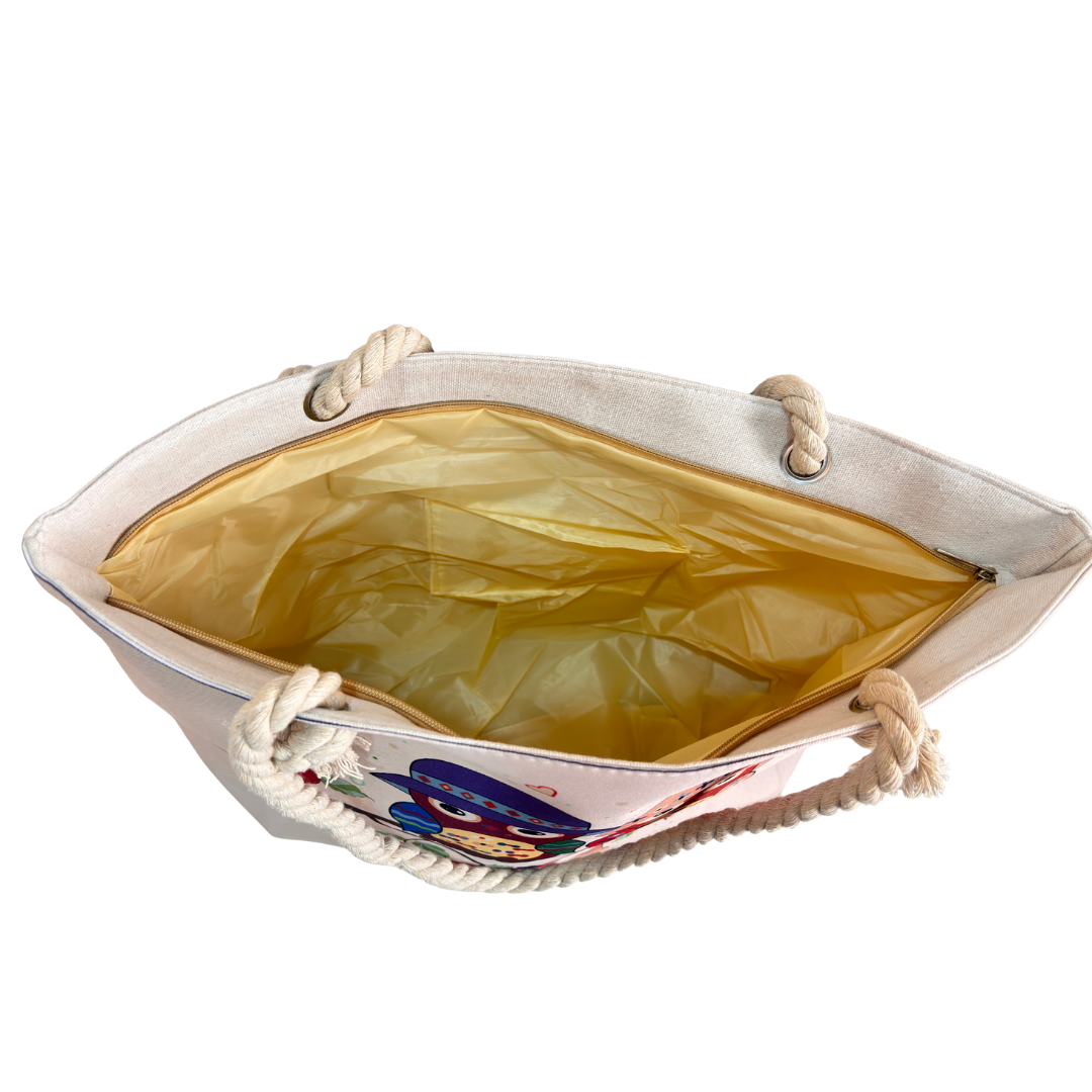 The Beach Party Edition:- Owl Print White Beach Tote Bag with complimentary Pouch