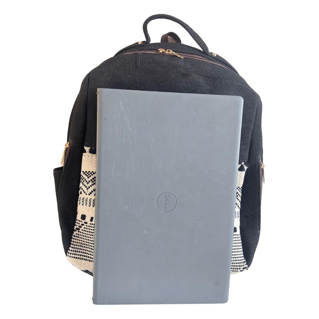 The Aavran Edition:- Premium Geometric Pattern Black Jute Laptop Backpack - The House of RajPadmini