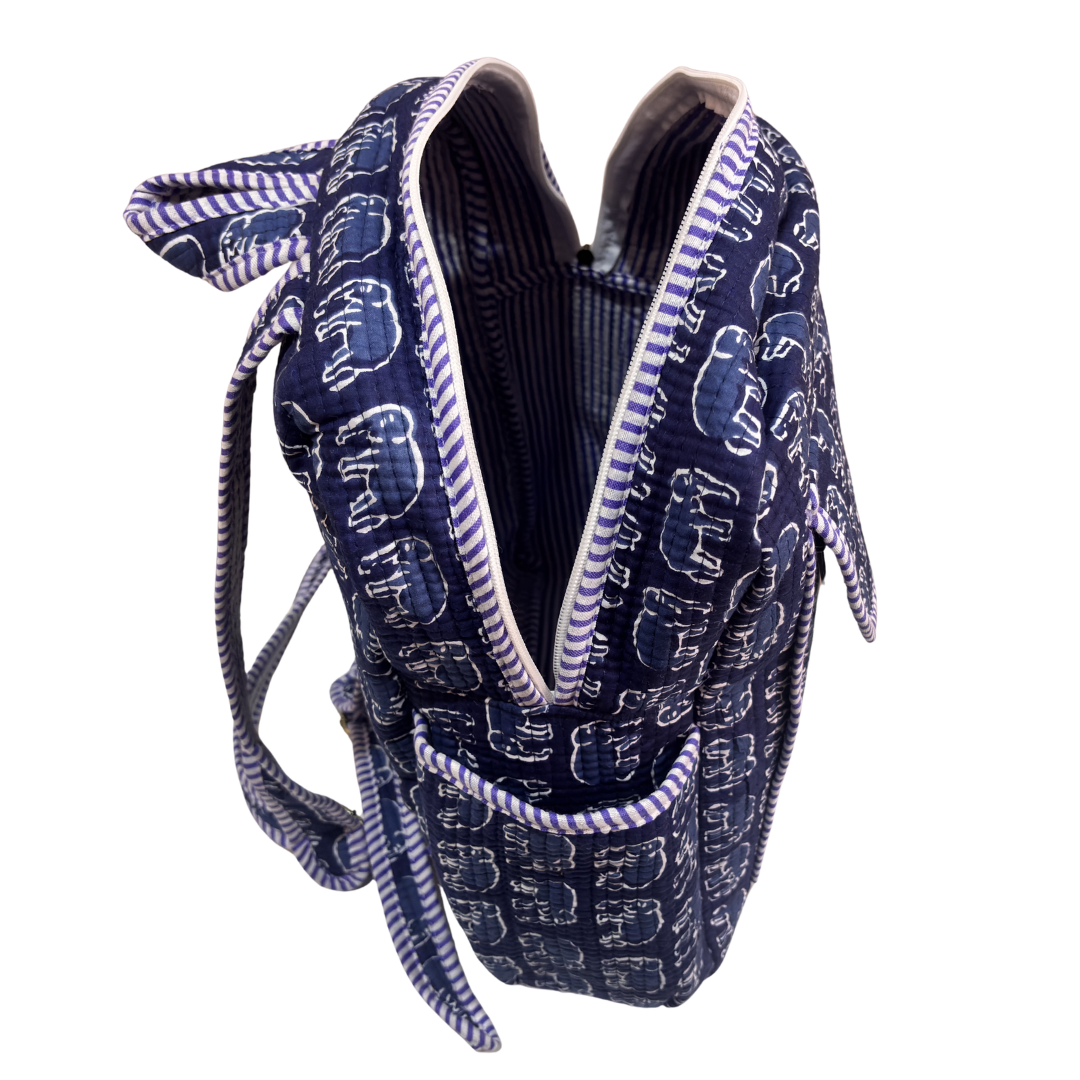 The Jungle Book Edition:- Premium Quilted Blue Cotton Backpack with Animal Print Design - Stylish Eco-Friendly Bag for School, Travel, and Everyday Adventures