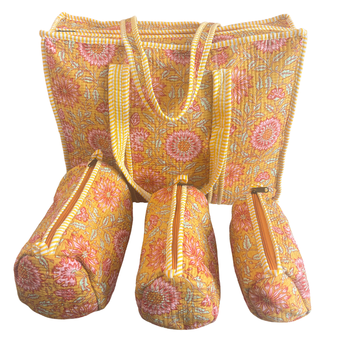 4-in-1 Festive Gifting COMBO : Premium Quilted Tote Bag + 3 Waterproof Pouches = Your Complete Organization Solution!