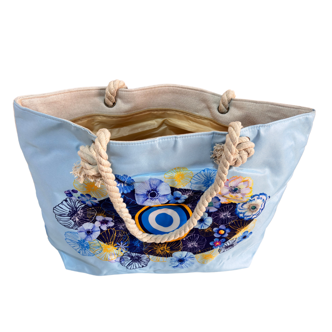 The Beach Party Edition:- Sky Blue Evil Eye Print Beach Tote Bag with complimentary Pouch