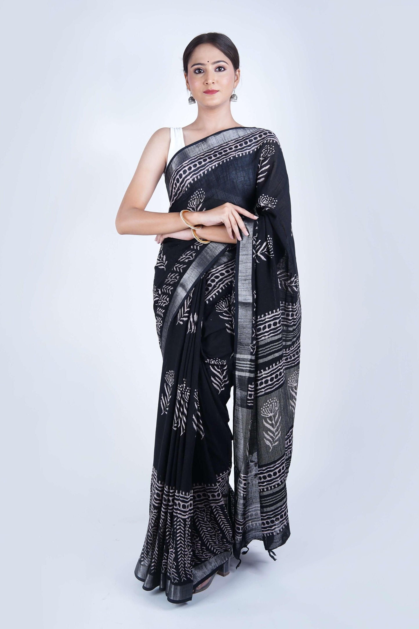 Hand Block Printed Black Cotton Linen Saree - The House of RajPadmini