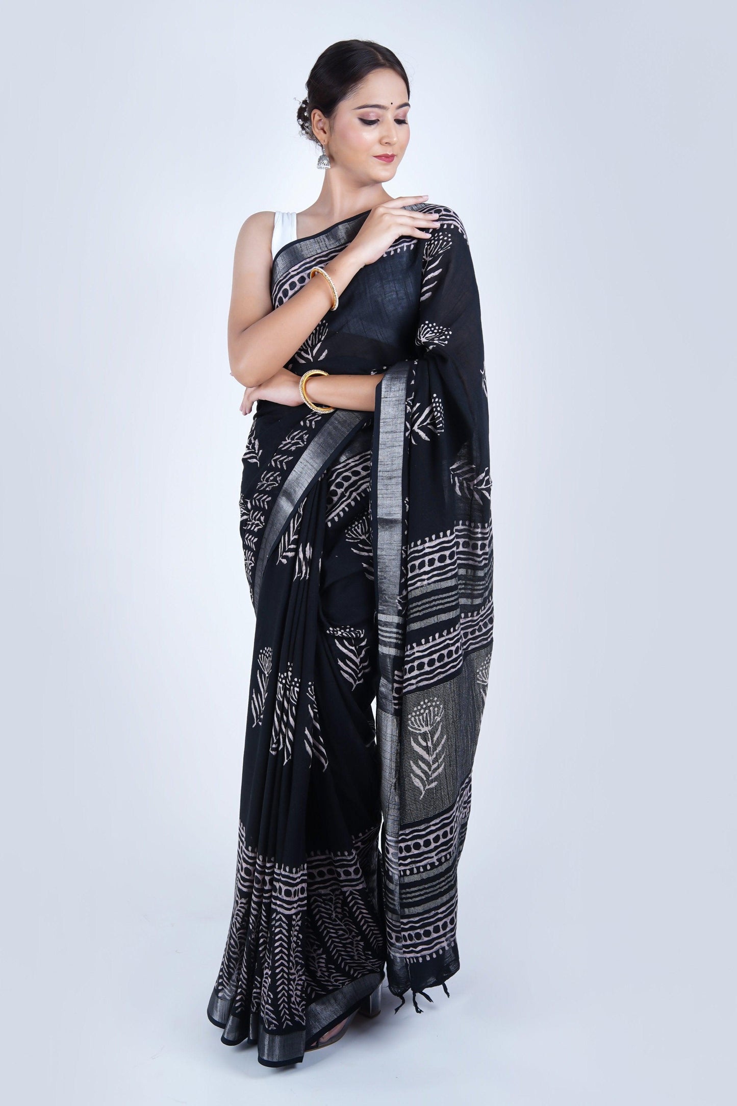 Hand Block Printed Black Cotton Linen Saree - The House of RajPadmini