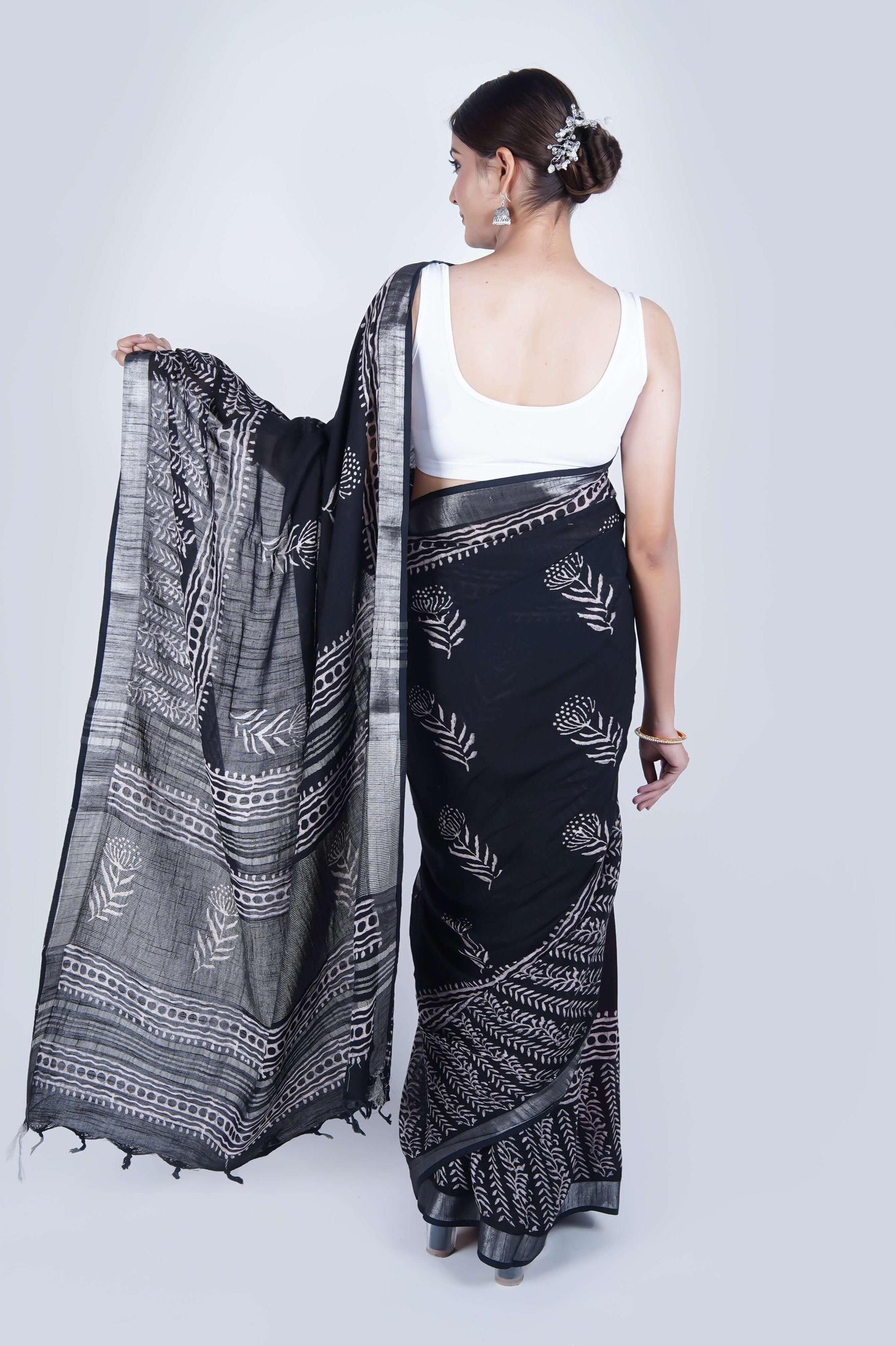 Hand Block Printed Black Cotton Linen Saree - The House of RajPadmini