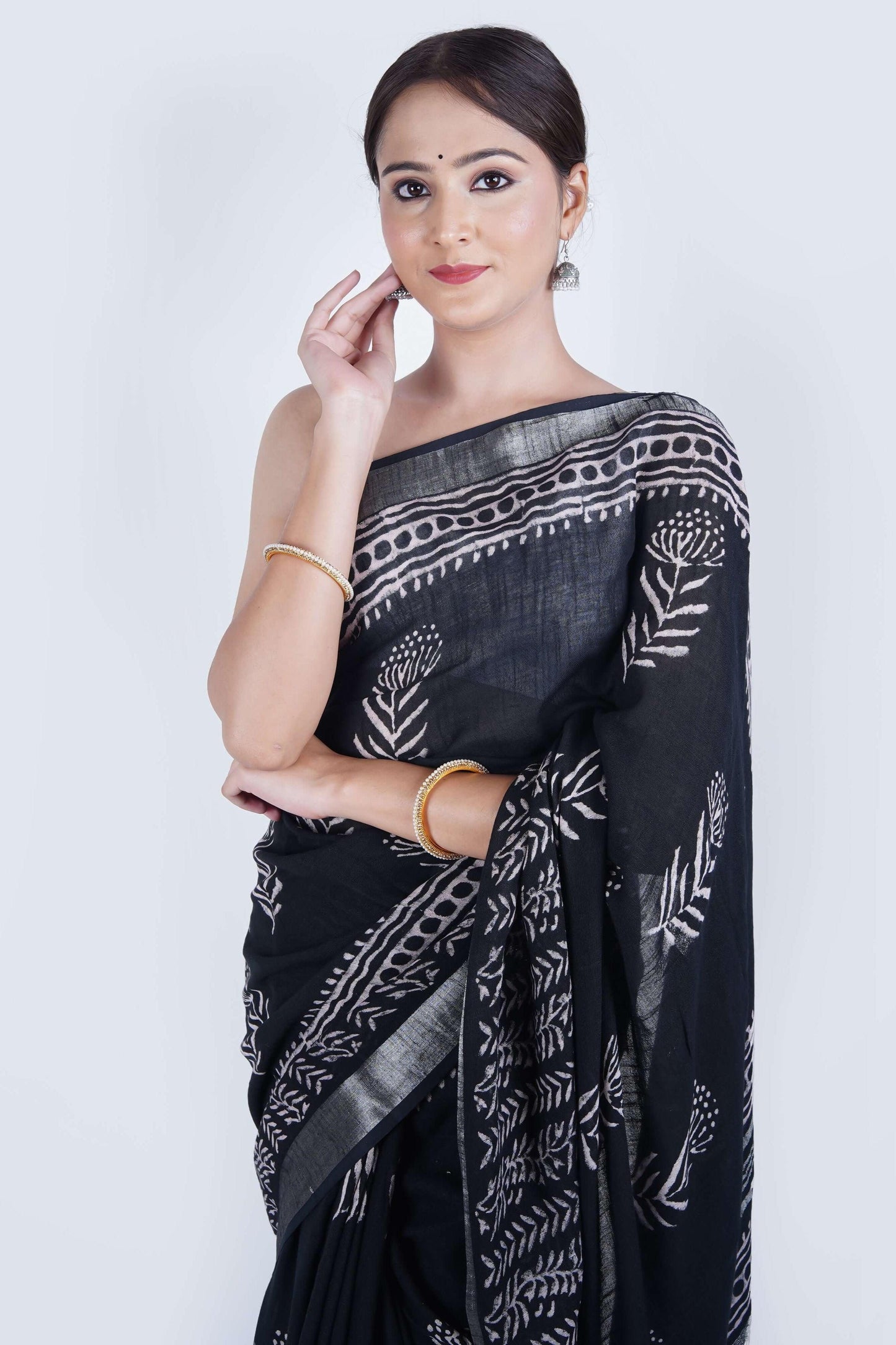 Hand Block Printed Black Cotton Linen Saree - The House of RajPadmini