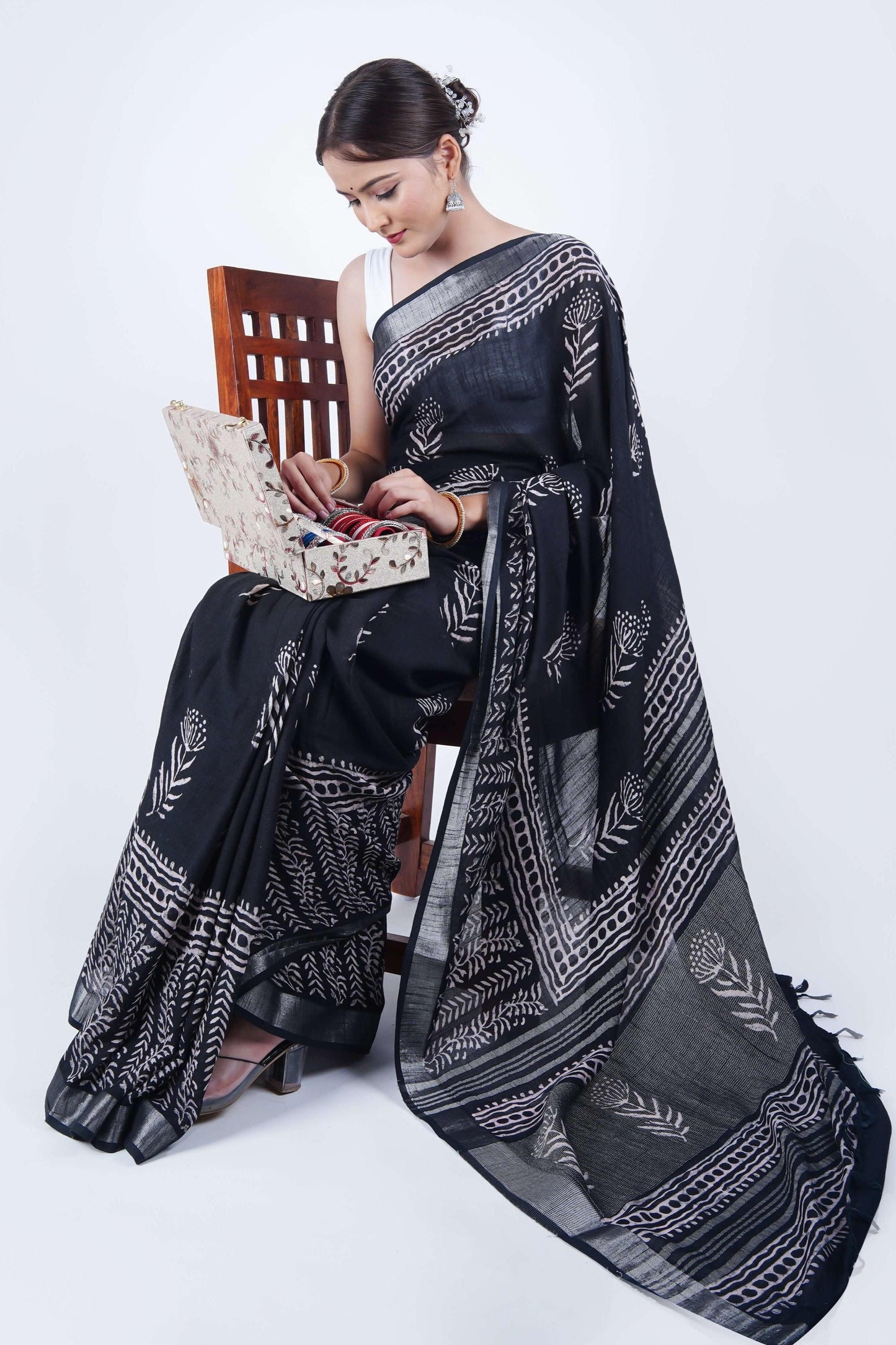 Hand Block Printed Black Cotton Linen Saree - The House of RajPadmini