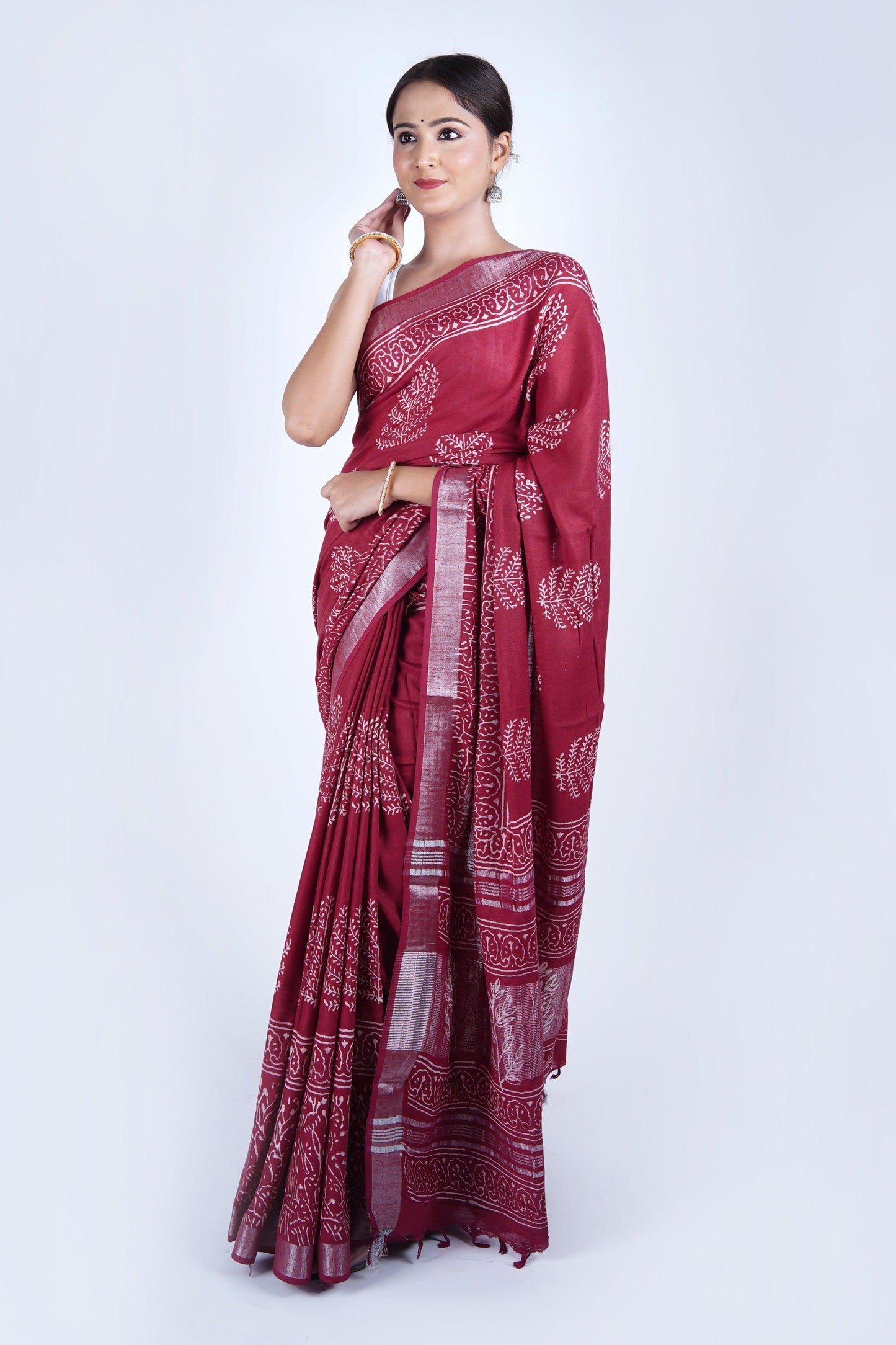 Hand Block Printed Red Cotton Linen Saree - The House of RajPadmini