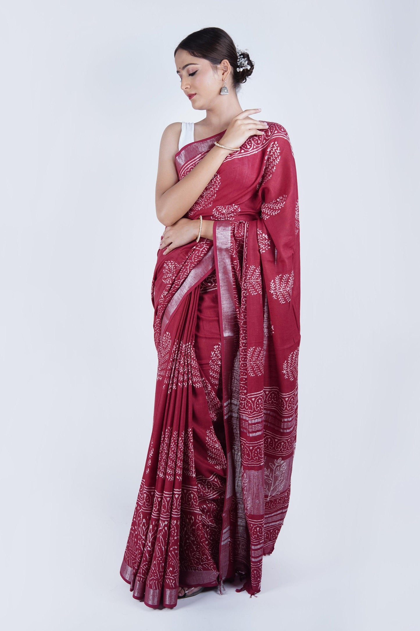 Hand Block Printed Red Cotton Linen Saree - The House of RajPadmini