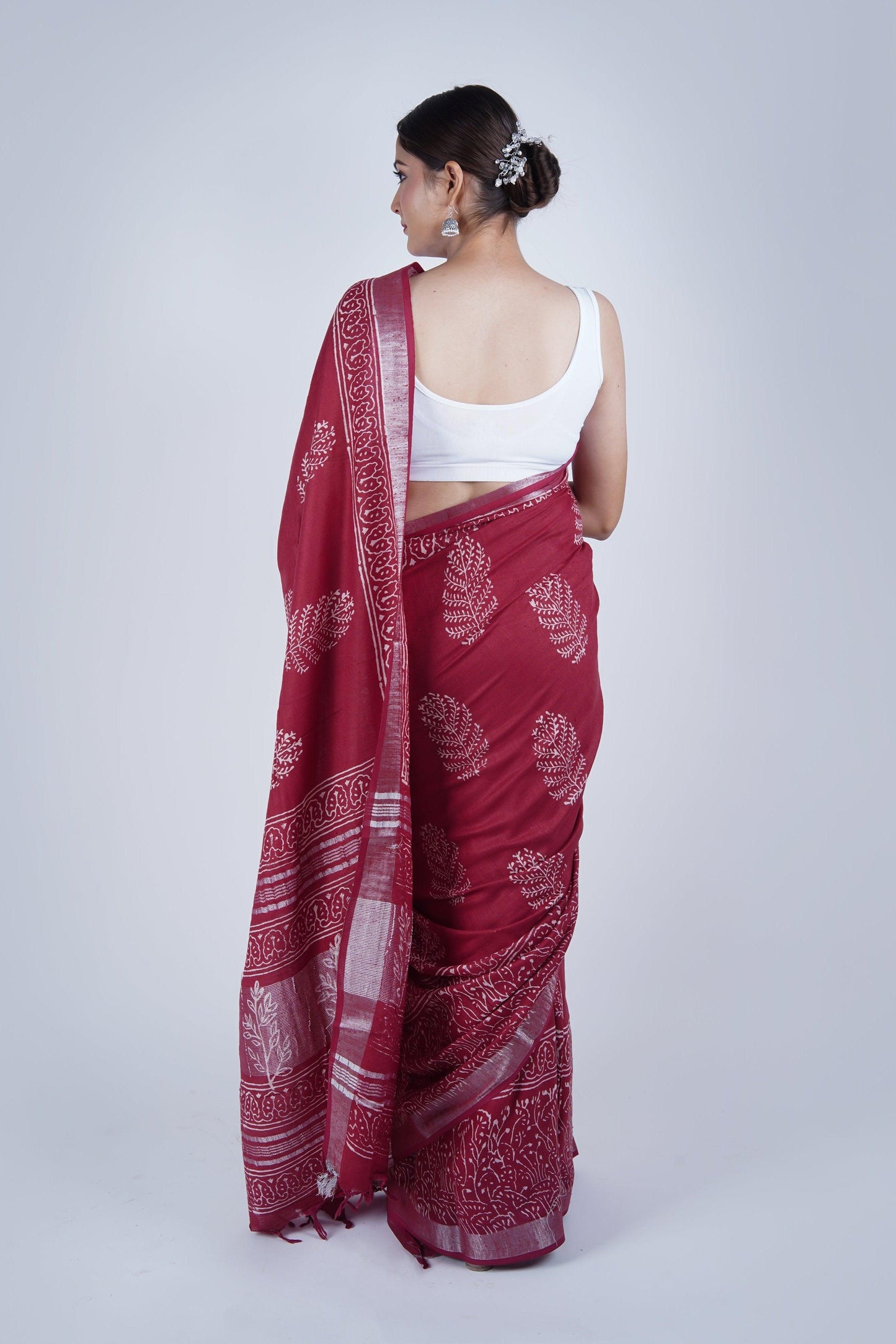 Hand Block Printed Red Cotton Linen Saree - The House of RajPadmini
