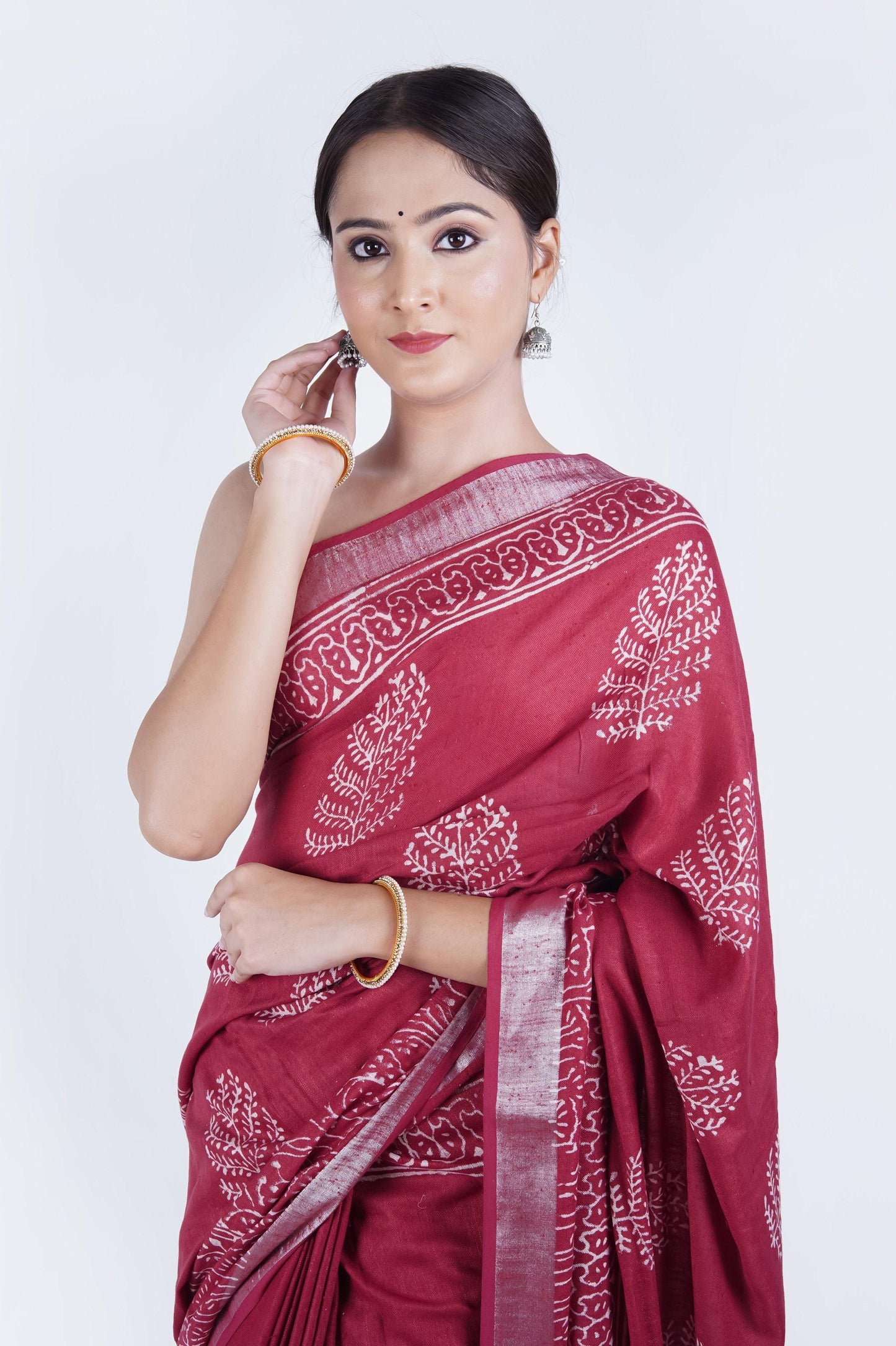 Hand Block Printed Red Cotton Linen Saree - The House of RajPadmini