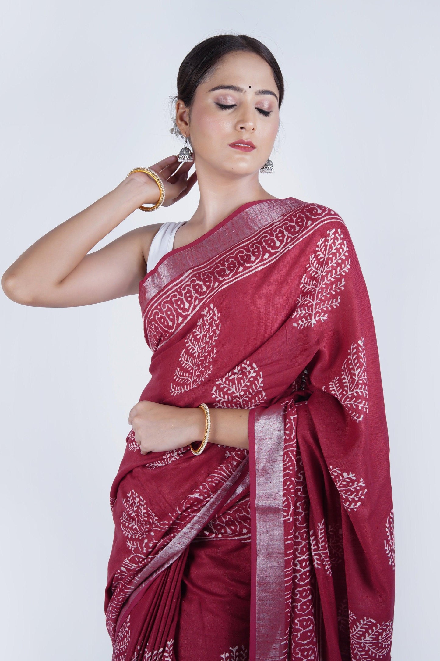 Hand Block Printed Red Cotton Linen Saree - The House of RajPadmini