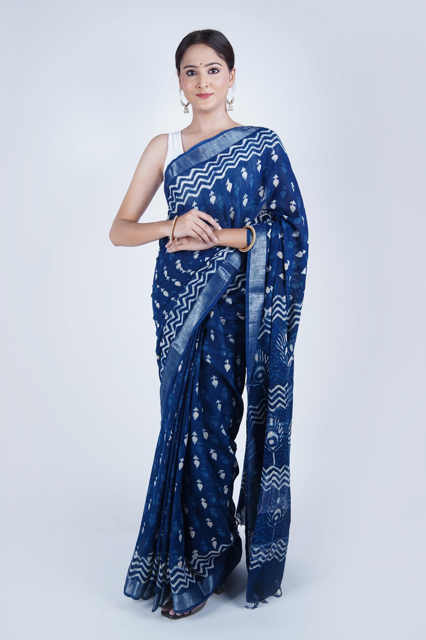 Hand Block Printed Blue Cotton Linen Saree - The House of RajPadmini
