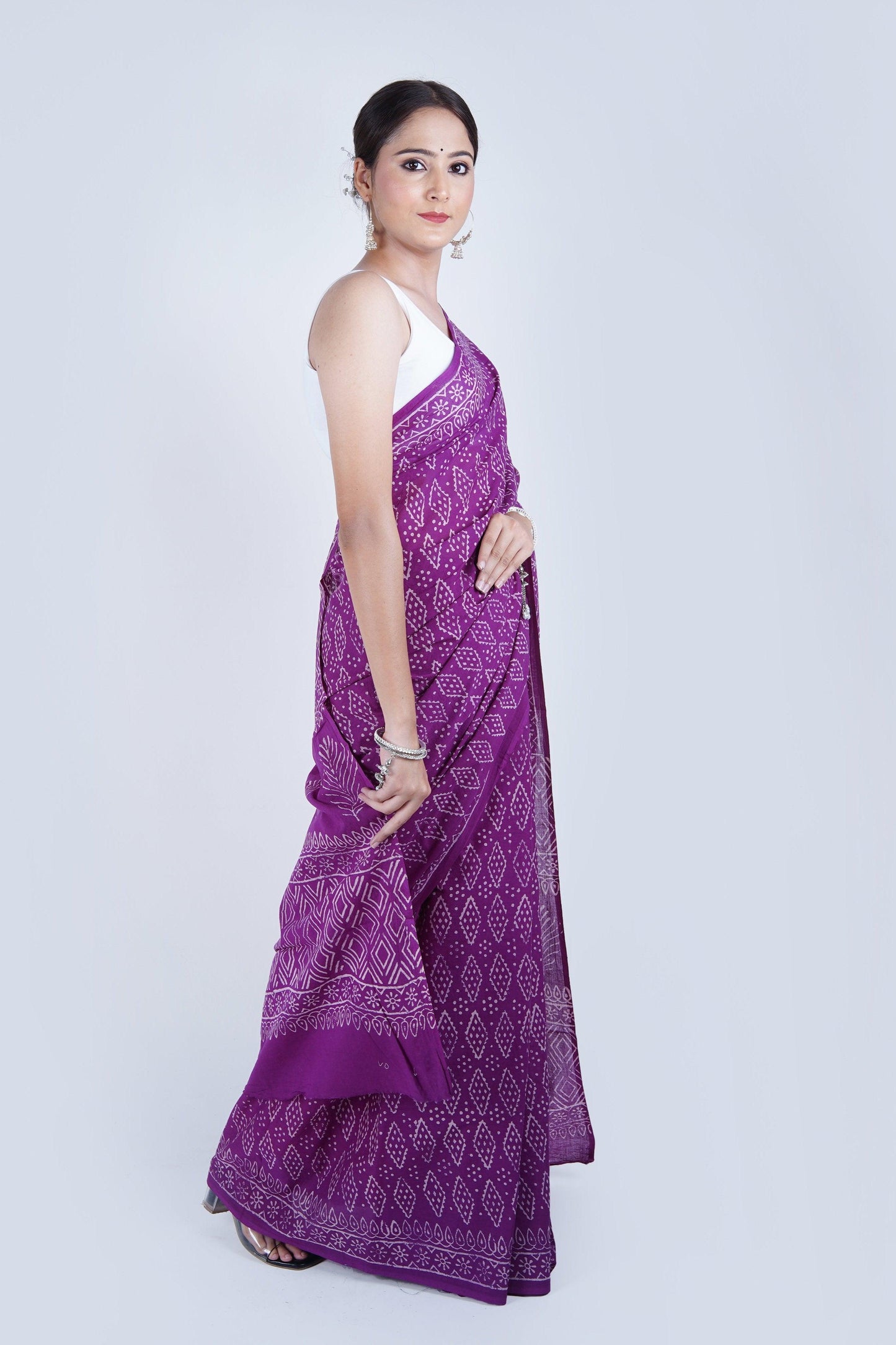Hand Block Printed Purple Pure Mulmul Cotton Saree - The House of RajPadmini