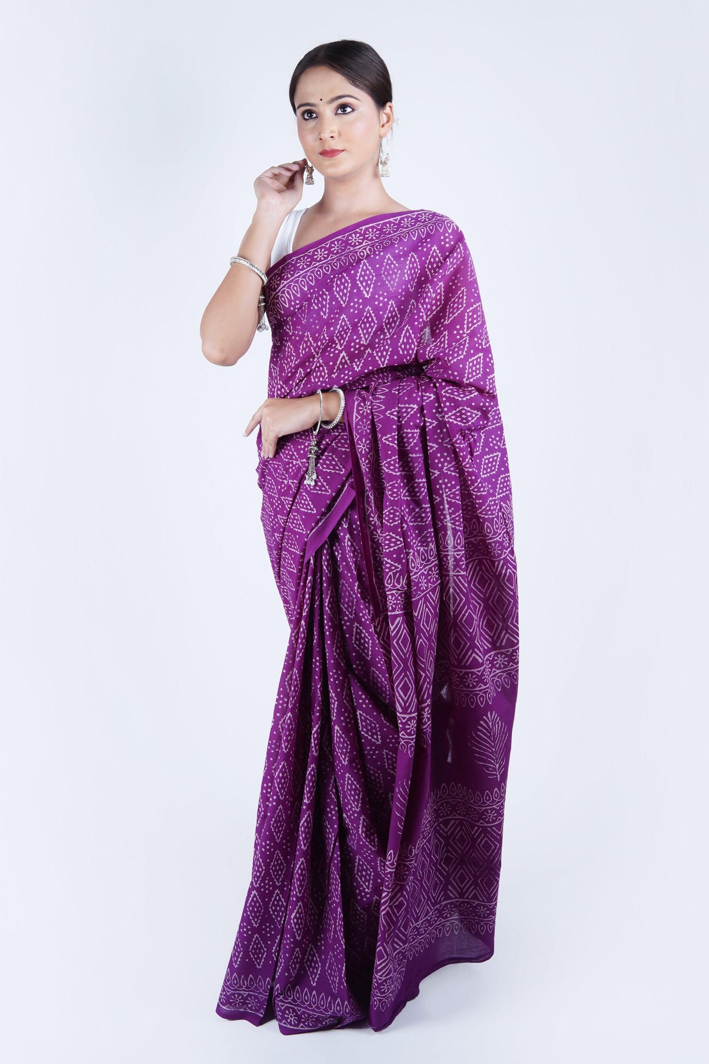 Hand Block Printed Purple Pure Mulmul Cotton Saree - The House of RajPadmini
