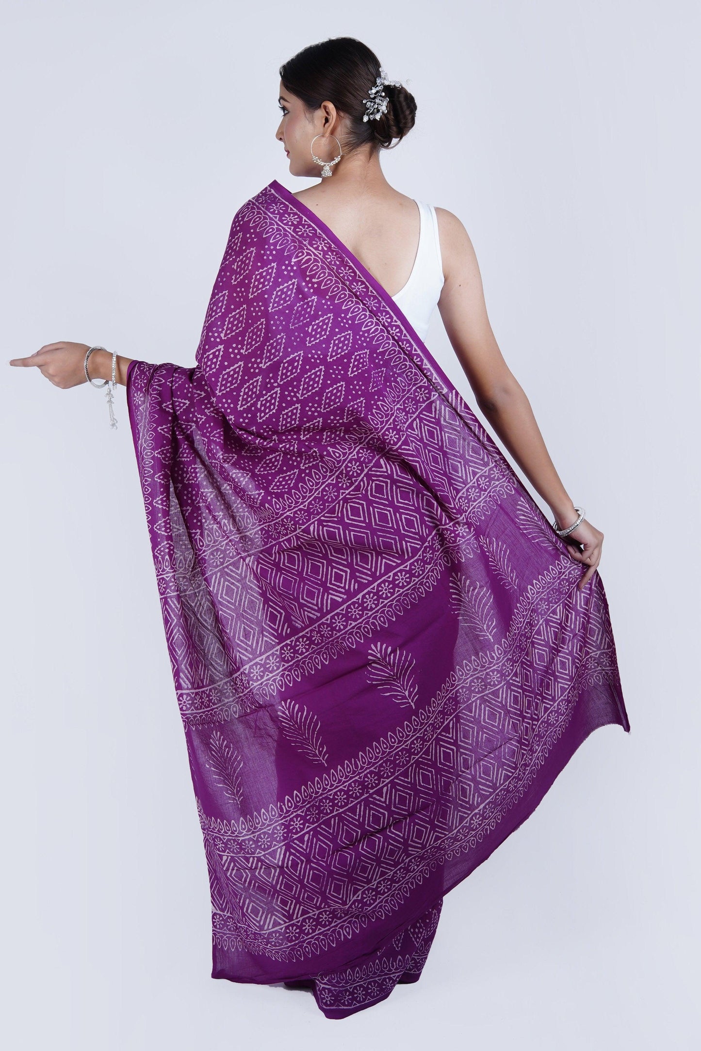 Hand Block Printed Purple Pure Mulmul Cotton Saree - The House of RajPadmini