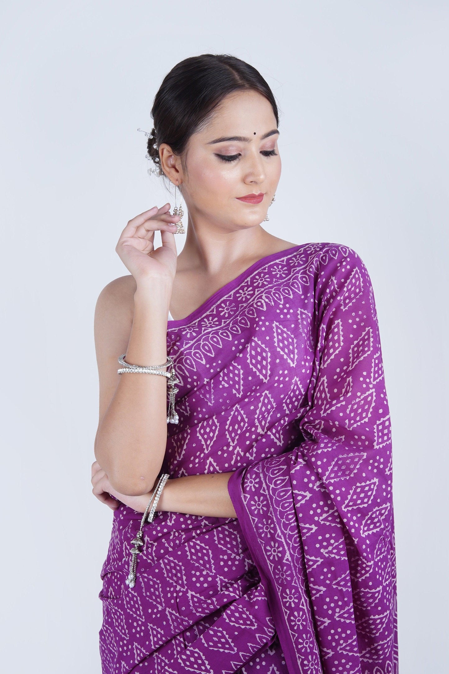 Hand Block Printed Purple Pure Mulmul Cotton Saree - The House of RajPadmini