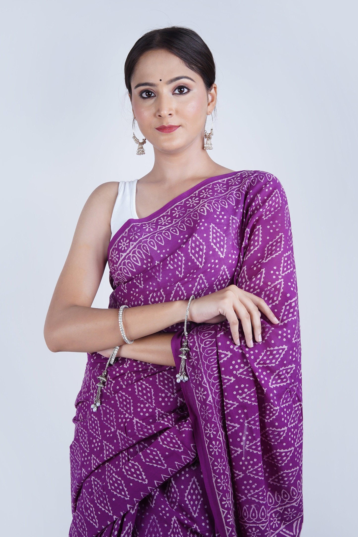 Hand Block Printed Purple Pure Mulmul Cotton Saree - The House of RajPadmini
