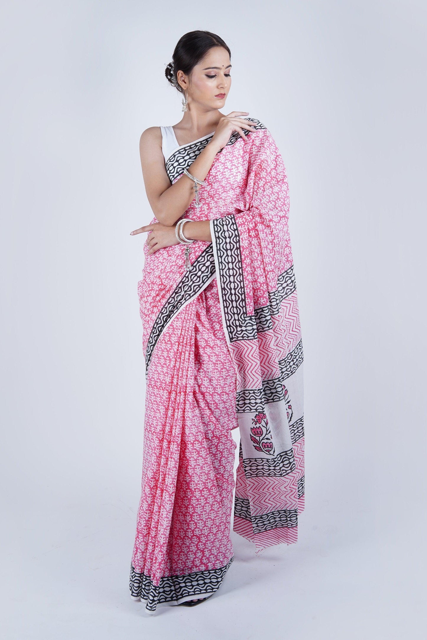 Hand Block Printed Pink Pure Mulmul Cotton Saree - The House of RajPadmini