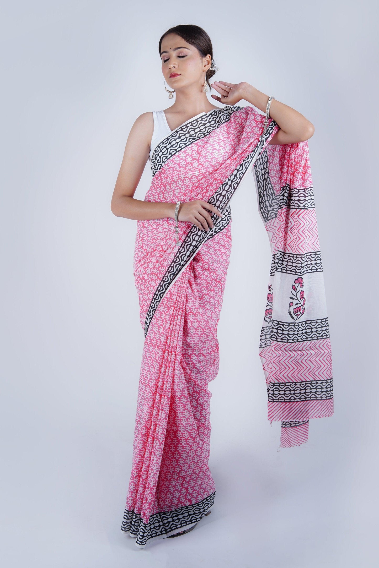 Hand Block Printed Pink Pure Mulmul Cotton Saree - The House of RajPadmini