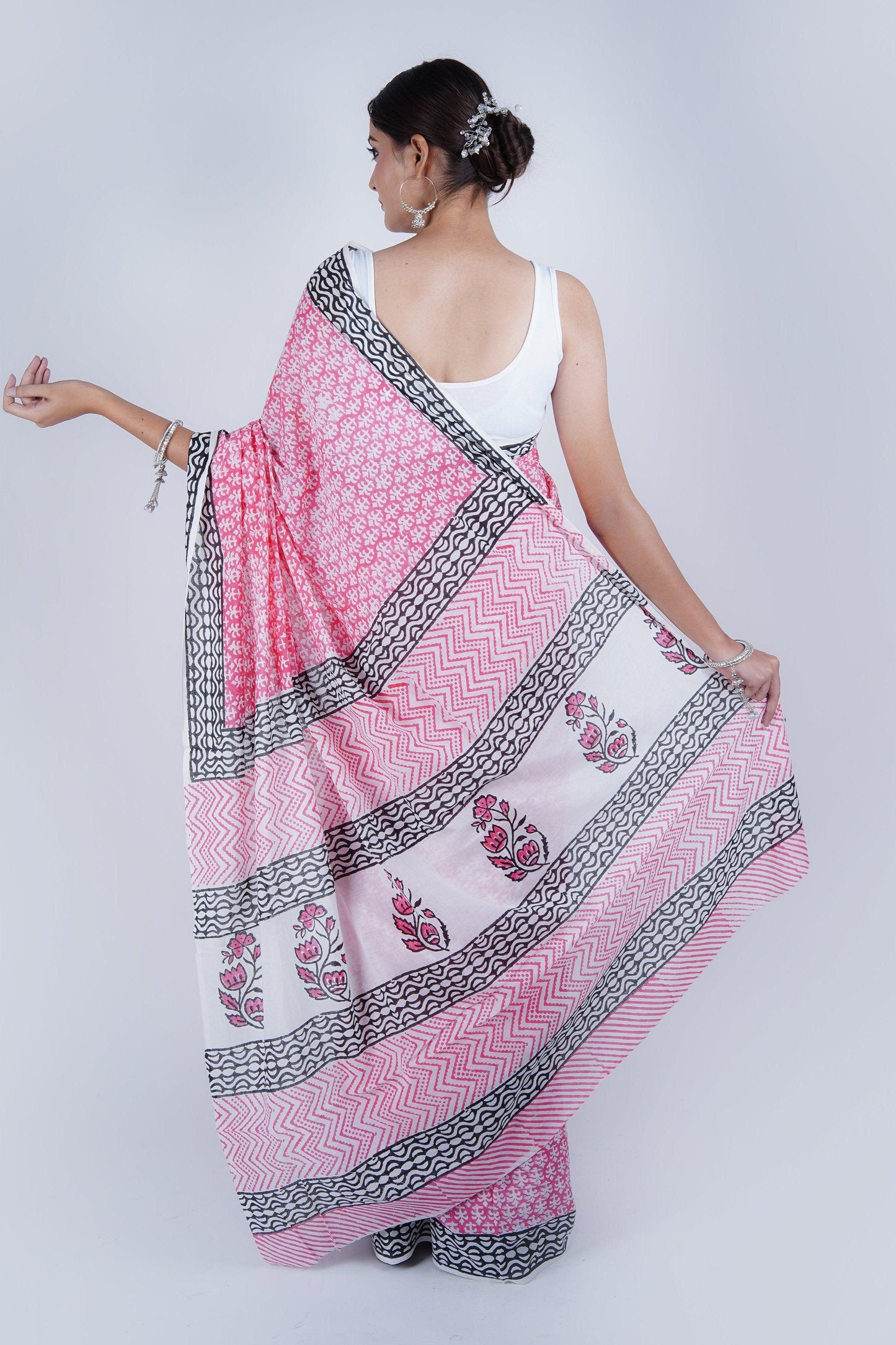 Hand Block Printed Pink Pure Mulmul Cotton Saree - The House of RajPadmini
