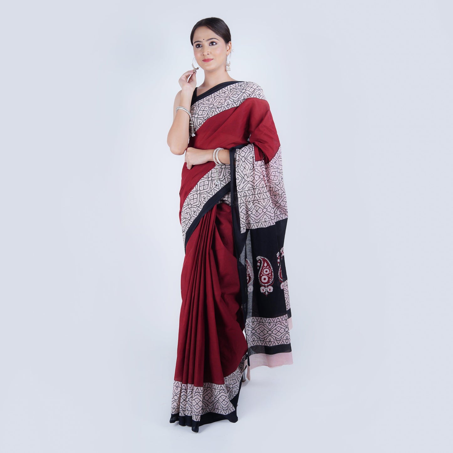 Hand Block Printed Maroon Pure Mulmul Cotton Saree - The House of RajPadmini