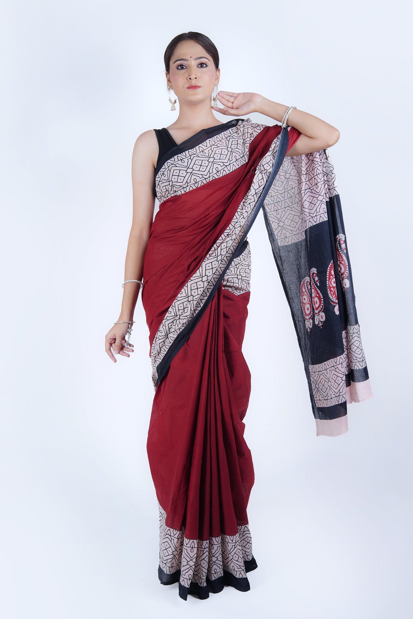 Hand Block Printed Maroon Pure Mulmul Cotton Saree - The House of RajPadmini
