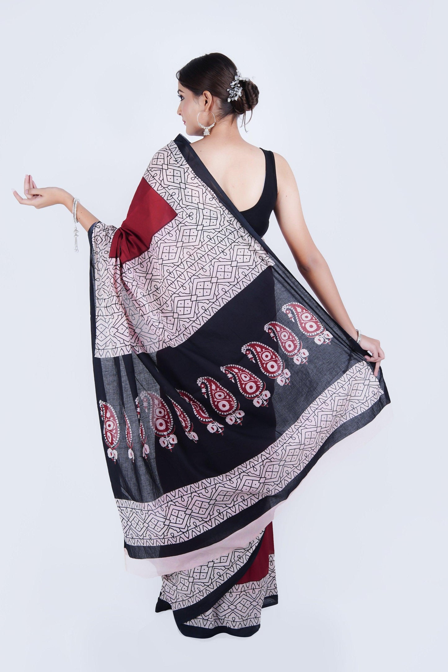 Hand Block Printed Maroon Pure Mulmul Cotton Saree - The House of RajPadmini