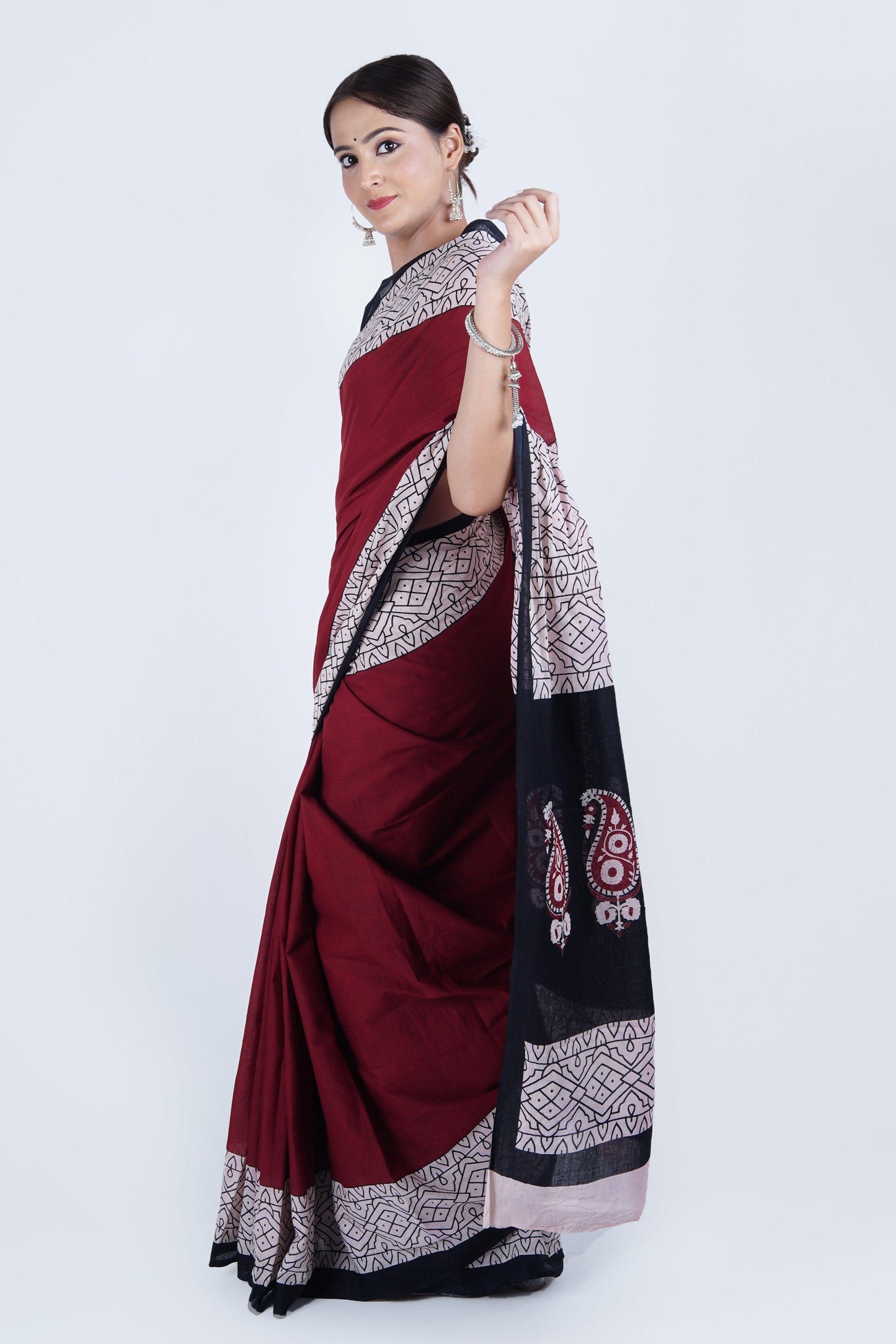 Hand Block Printed Maroon Pure Mulmul Cotton Saree - The House of RajPadmini
