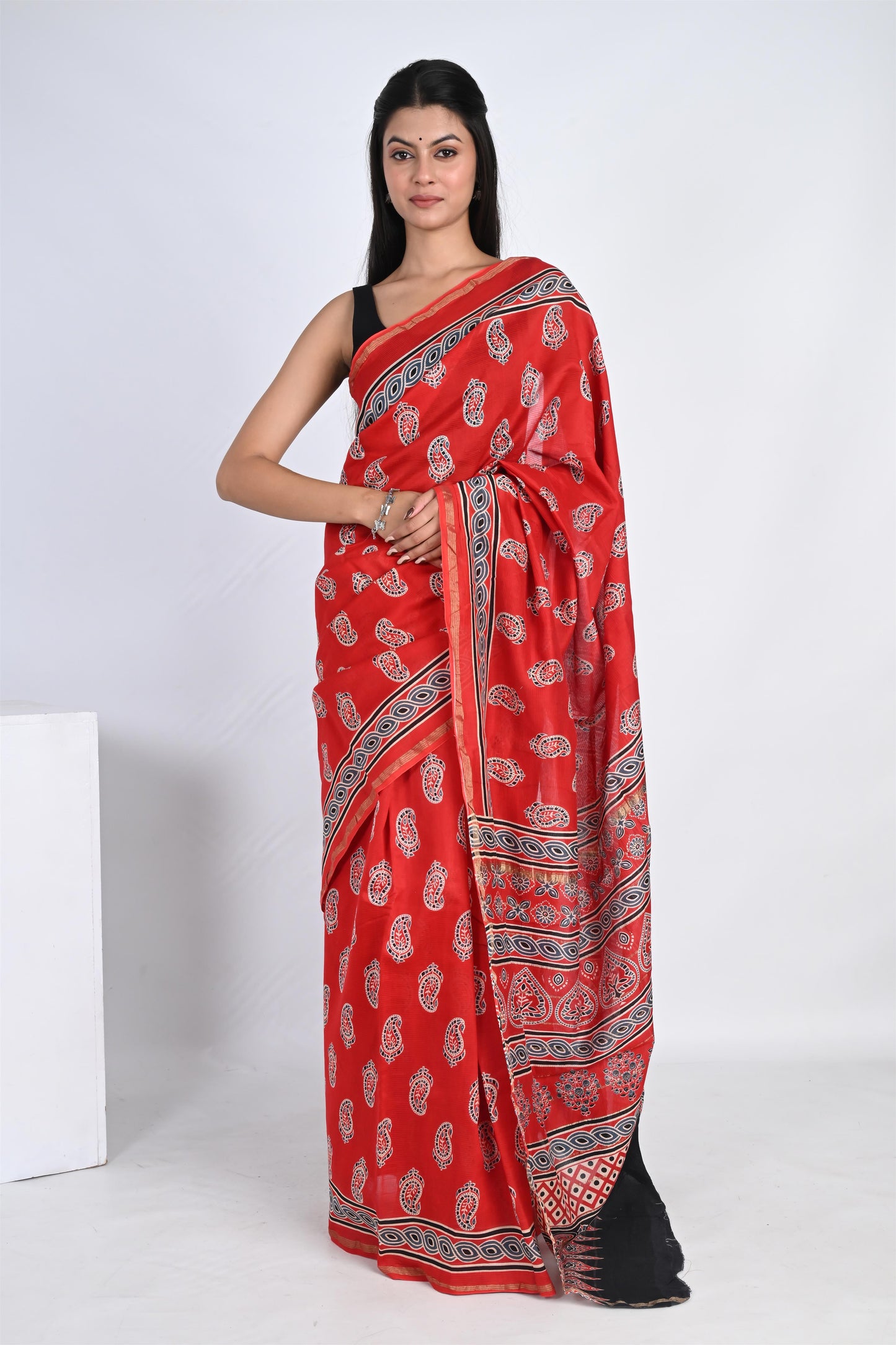 Hand Block Printed Blushing Red Chanderi Silk Saree - The House of RajPadmini