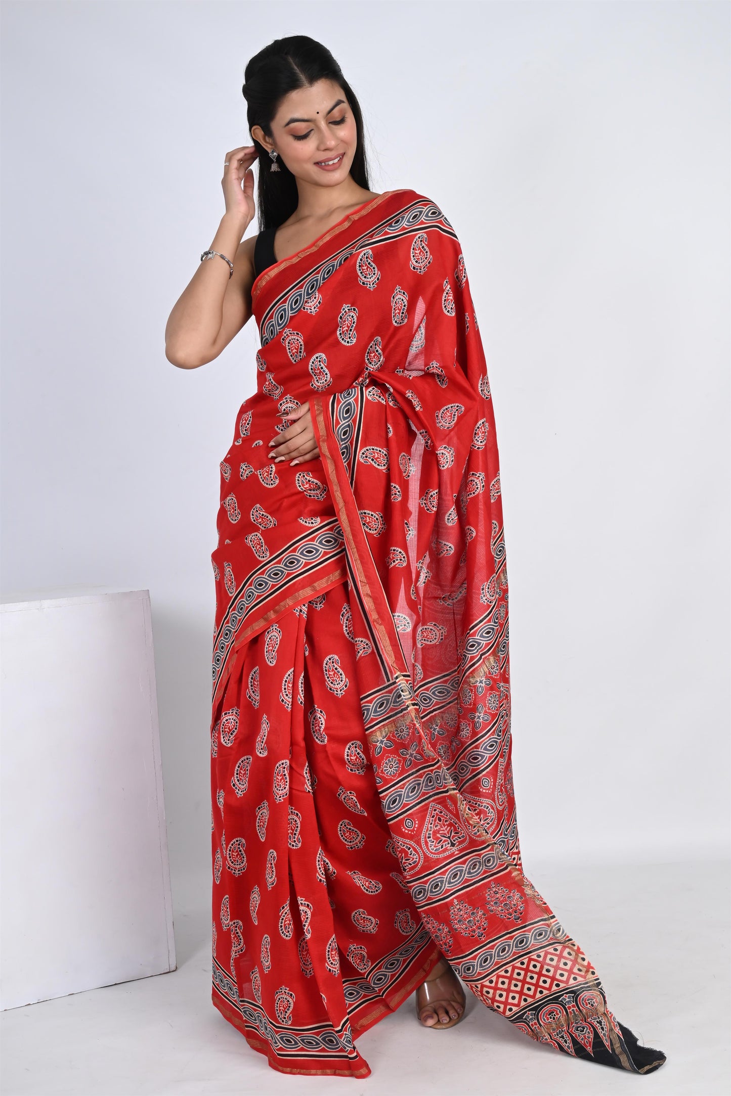 Hand Block Printed Blushing Red Chanderi Silk Saree - The House of RajPadmini