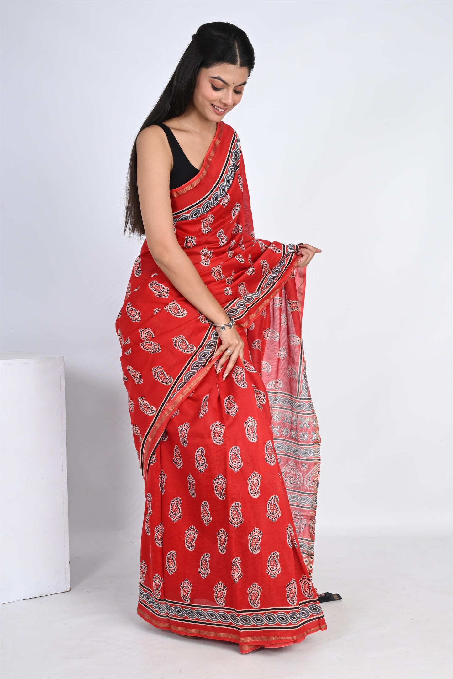 Hand Block Printed Blushing Red Chanderi Silk Saree - The House of RajPadmini