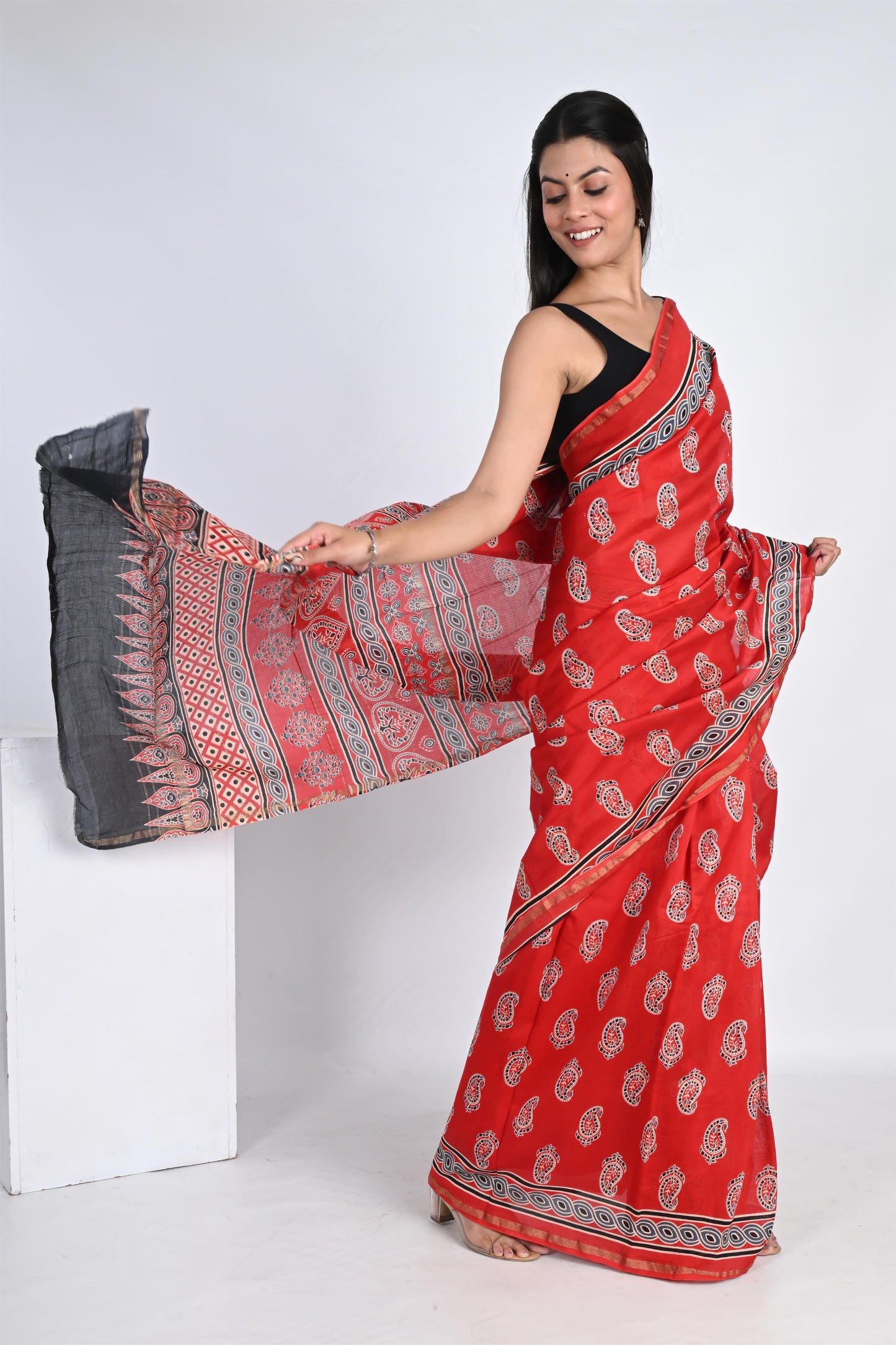 Hand Block Printed Blushing Red Chanderi Silk Saree - The House of RajPadmini