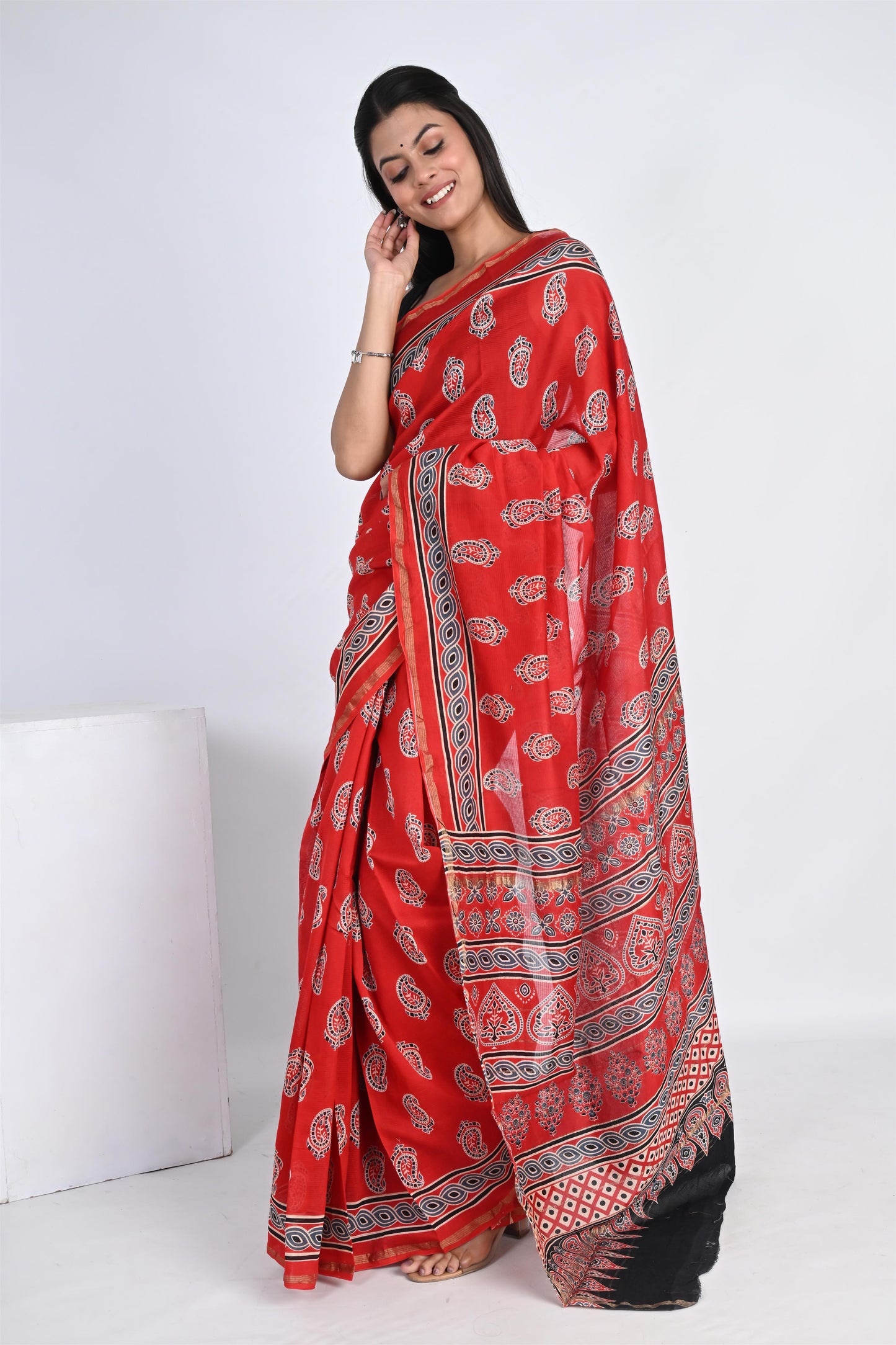 Hand Block Printed Blushing Red Chanderi Silk Saree - The House of RajPadmini