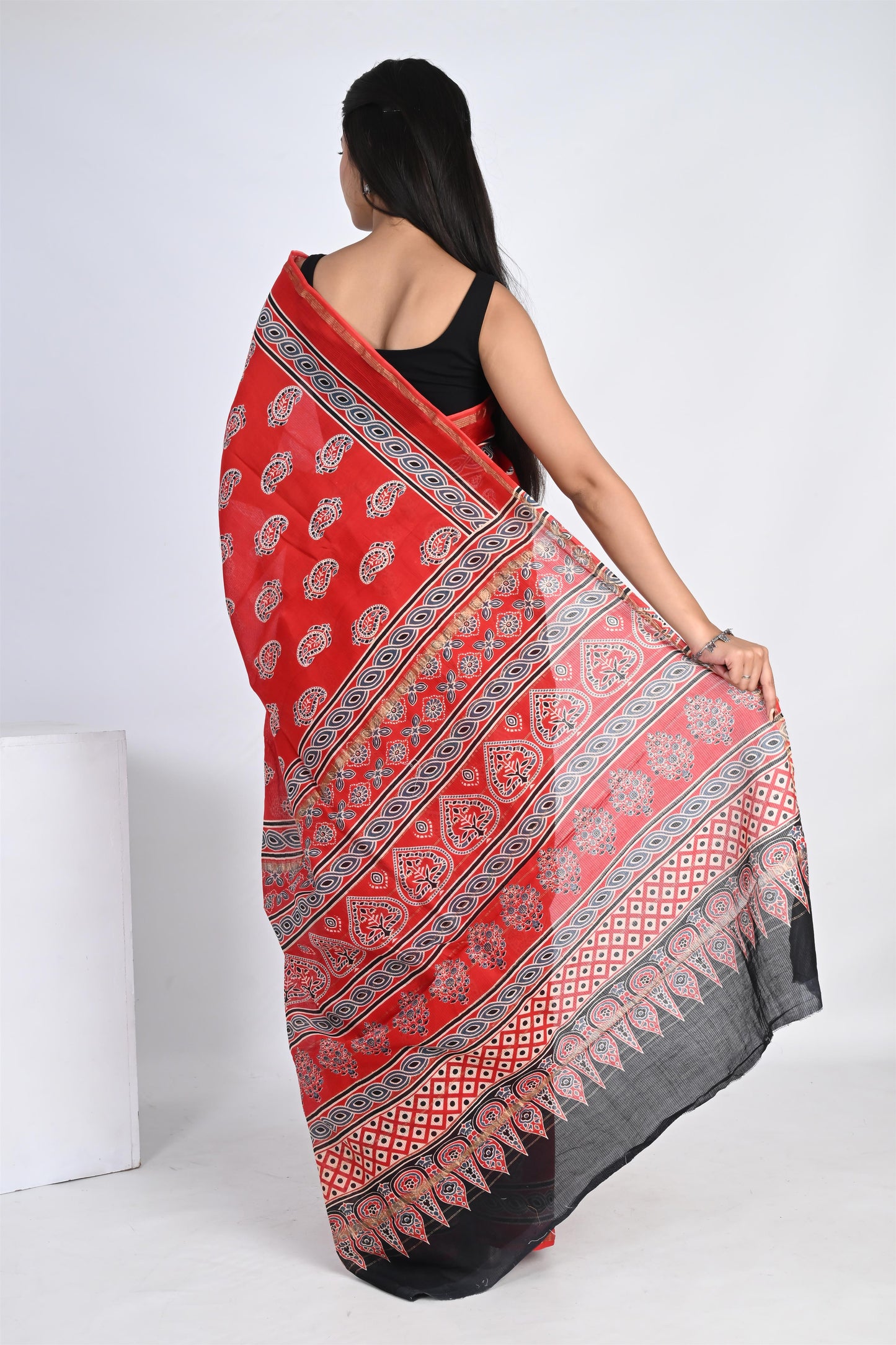 Hand Block Printed Blushing Red Chanderi Silk Saree - The House of RajPadmini