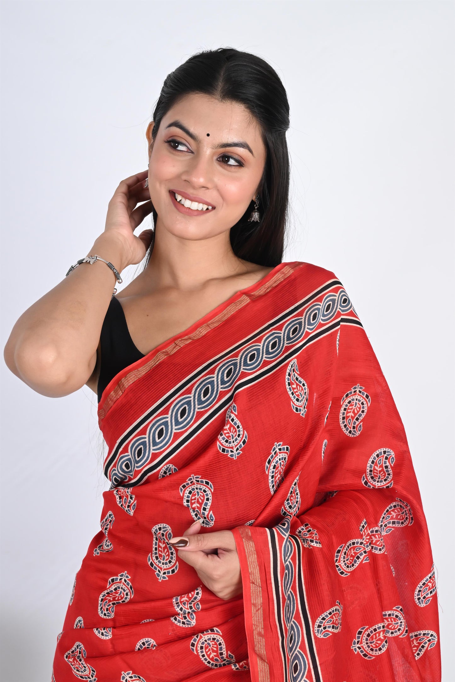 Hand Block Printed Blushing Red Chanderi Silk Saree - The House of RajPadmini