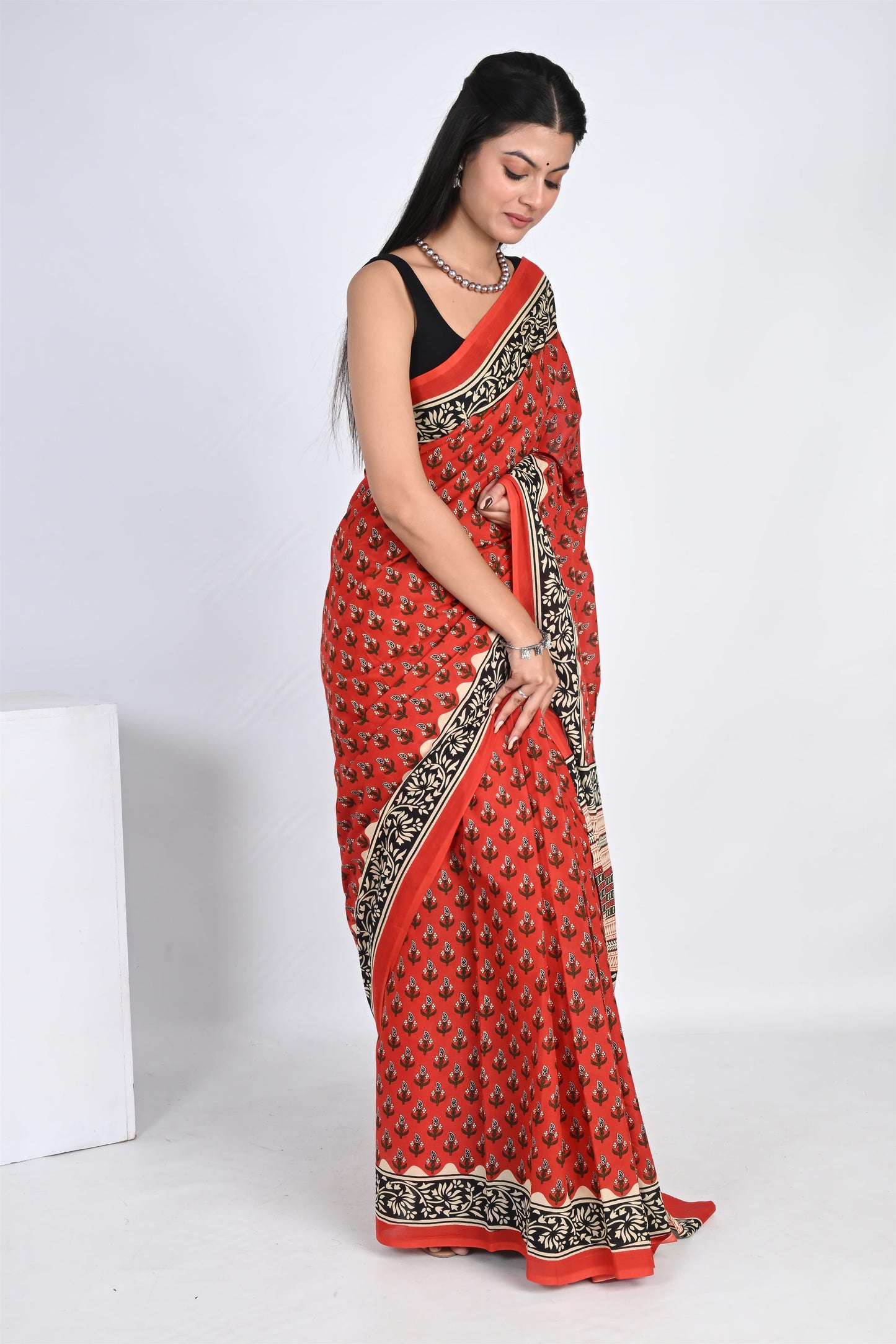 Rose Red Handblock Printed Pure Cotton Kalamkari Saree - The House of RajPadmini