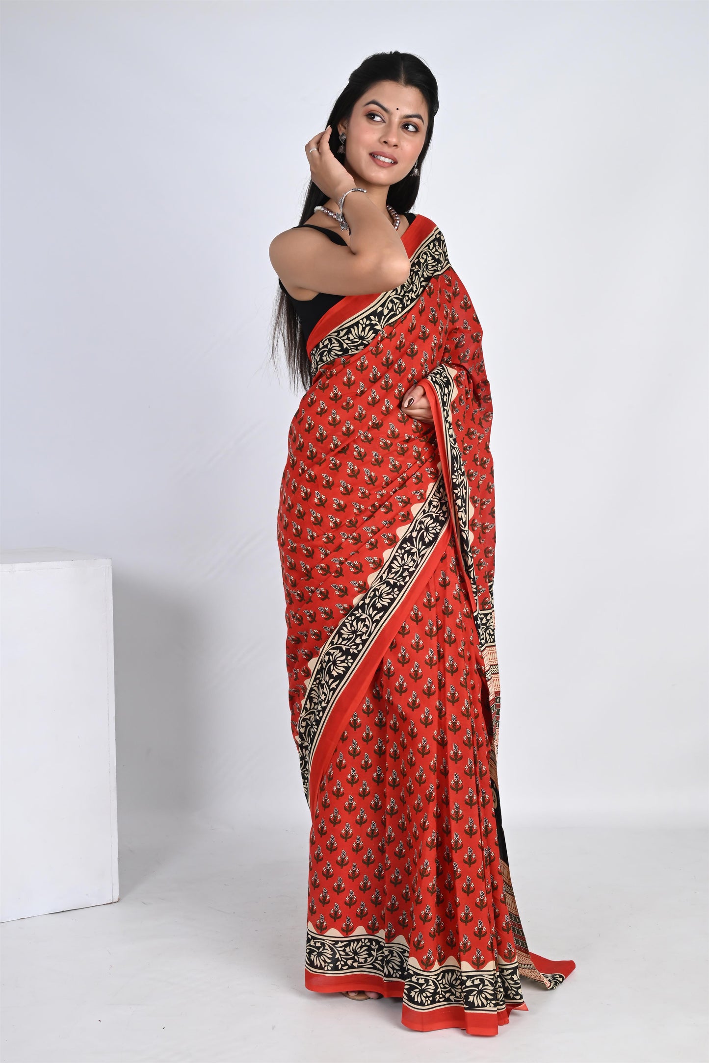 Rose Red Handblock Printed Pure Cotton Kalamkari Saree - The House of RajPadmini
