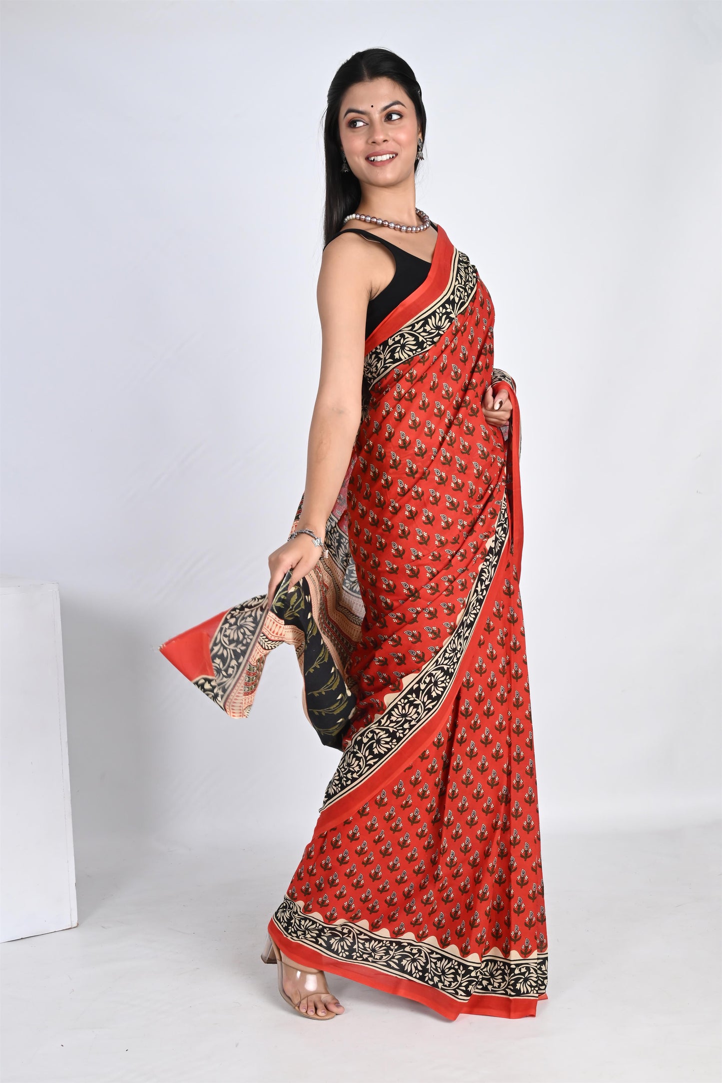 Rose Red Handblock Printed Pure Cotton Kalamkari Saree - The House of RajPadmini