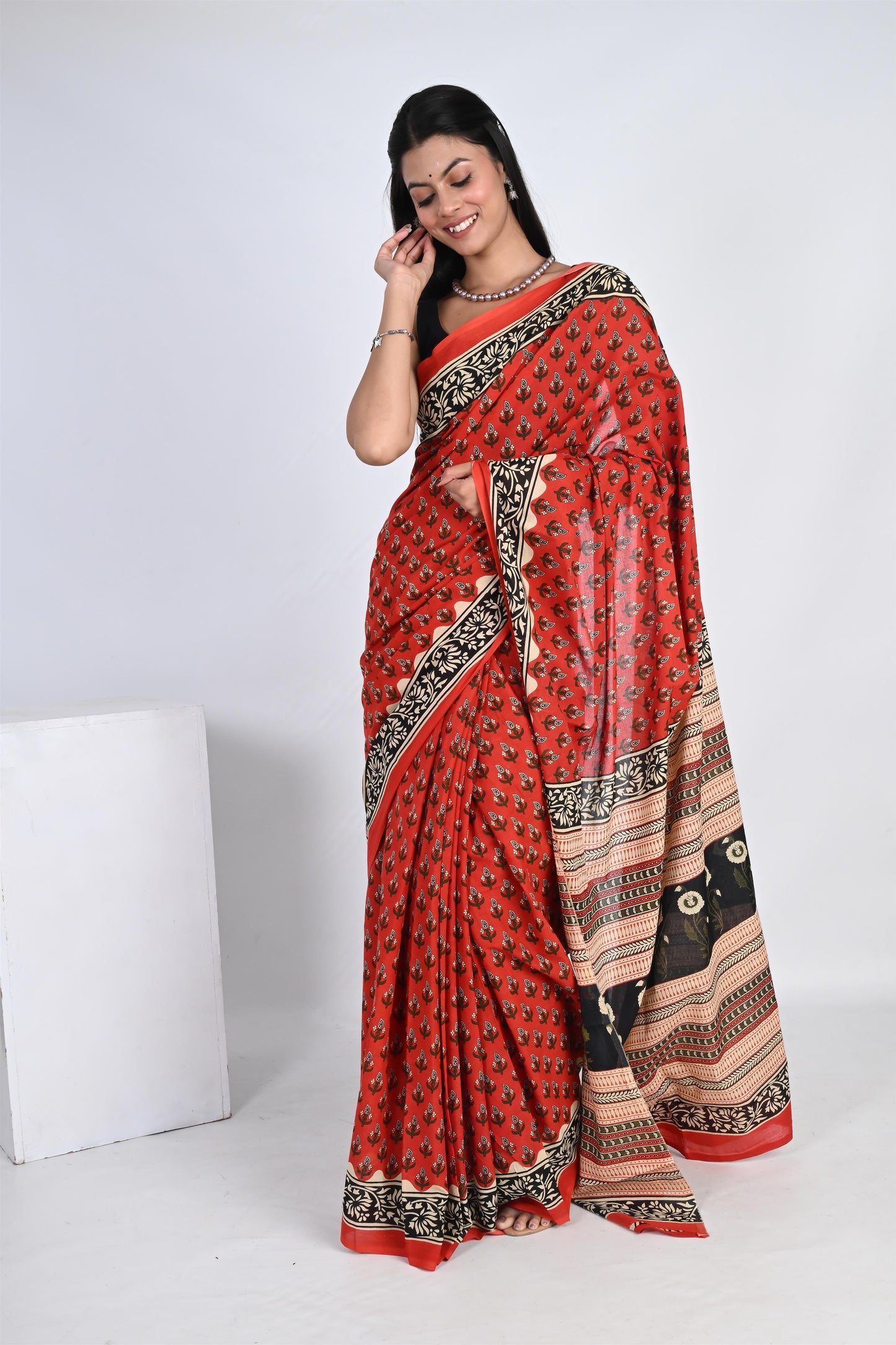 Rose Red Handblock Printed Pure Cotton Kalamkari Saree - The House of RajPadmini